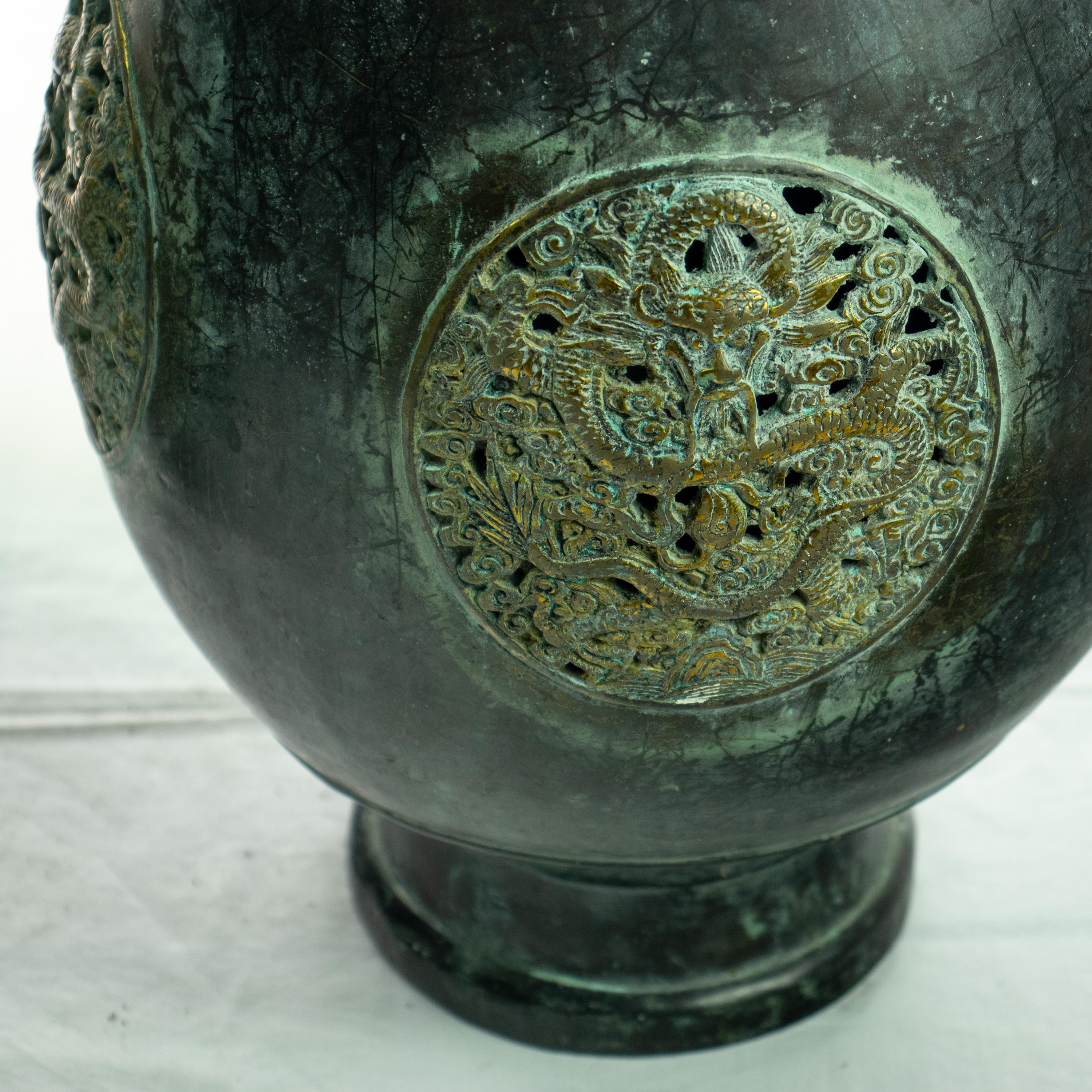 Hand-Carved Bronze Chinese Antique Amphora Dragon Flower Carved Oriental Vessel Vase For Sale