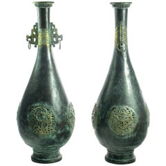Bronze Chinese Antique Amphora Dragon Flower Carved Oriental Vessel Vase