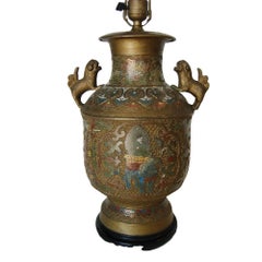 Bronze Chinese Cloisonne Table Lamp with Foo Guard Dogs