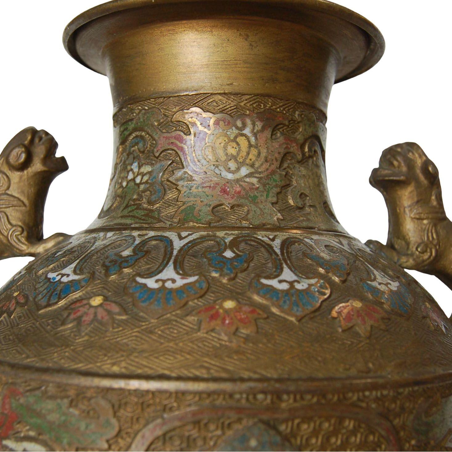 American Bronze Chinese Cloisonne Table Lamp with Foo Guard Dogs For Sale