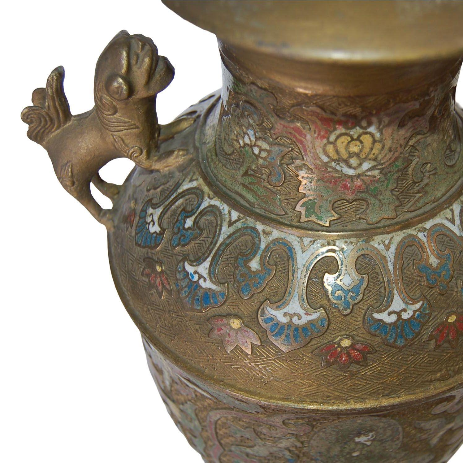 Mid-20th Century Bronze Chinese Cloisonne Table Lamp with Foo Guard Dogs For Sale