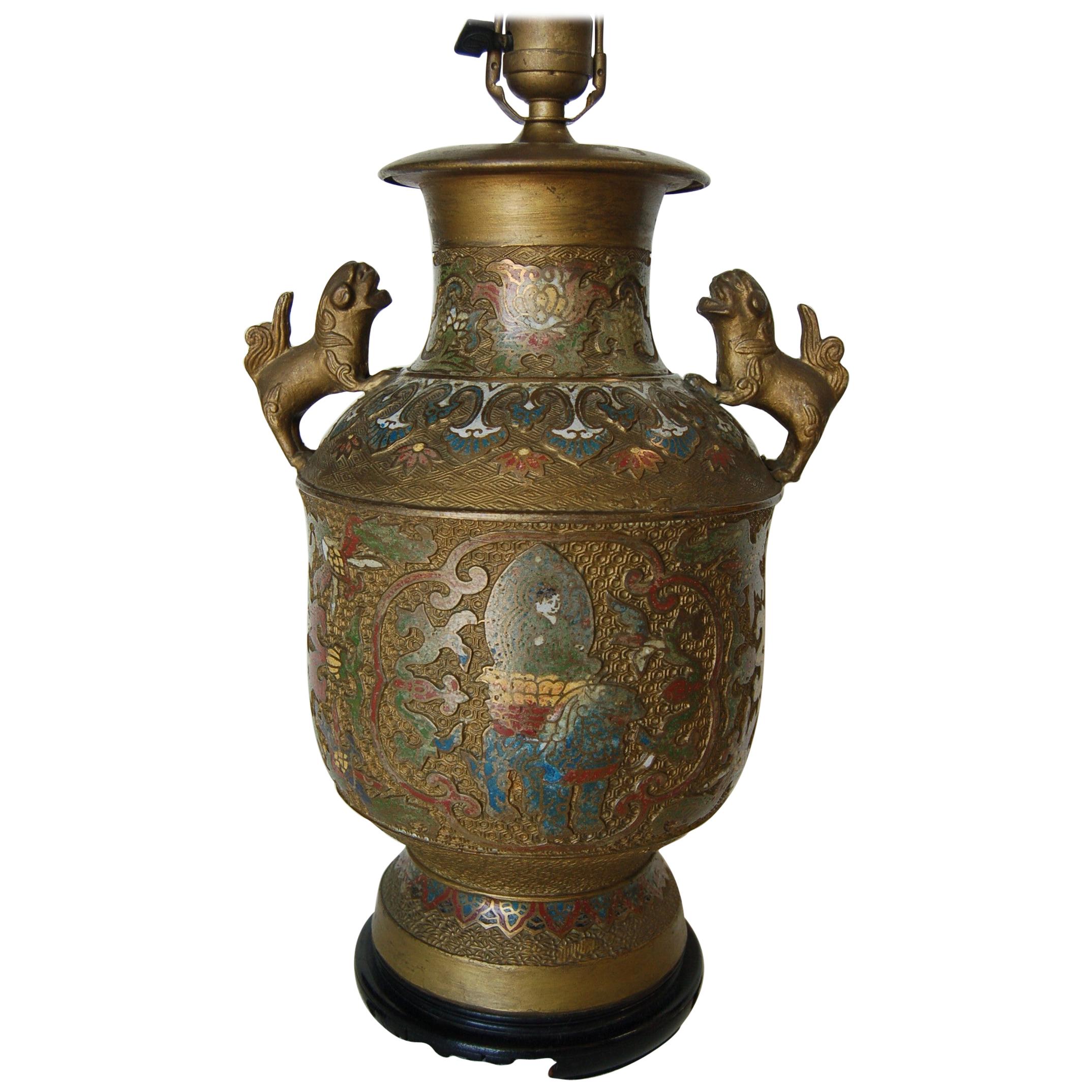 Bronze Chinese Cloisonne Table Lamp with Foo Guard Dogs For Sale