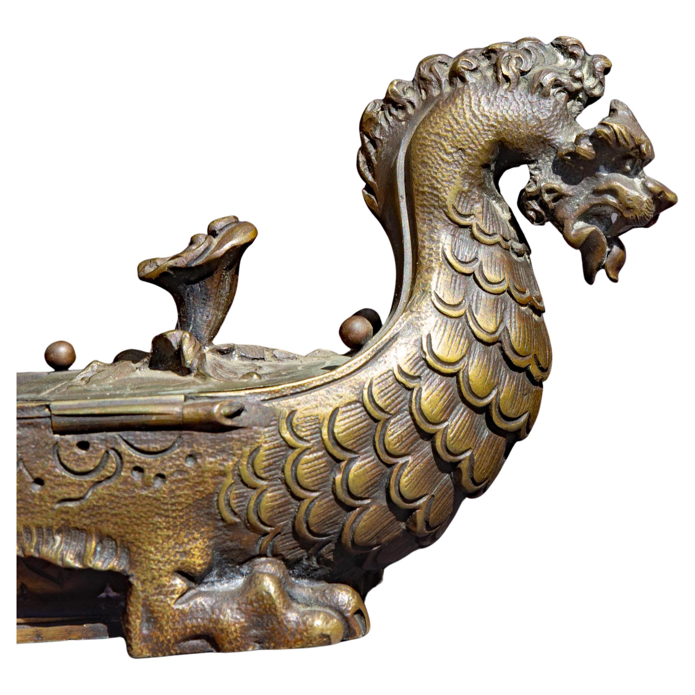 Chinese dragon boat double inkwell. Original glass inserts. Circa 1870's  bronze. 
The Dragon Boat Festival  is a traditional Chinese holiday that occurs on the fifth day of the fifth month of the Chinese calendar, which corresponds to late May or