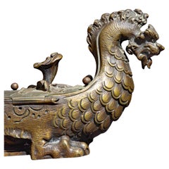 Bronze Chinese Dragon Boat Inkwell 19th Century