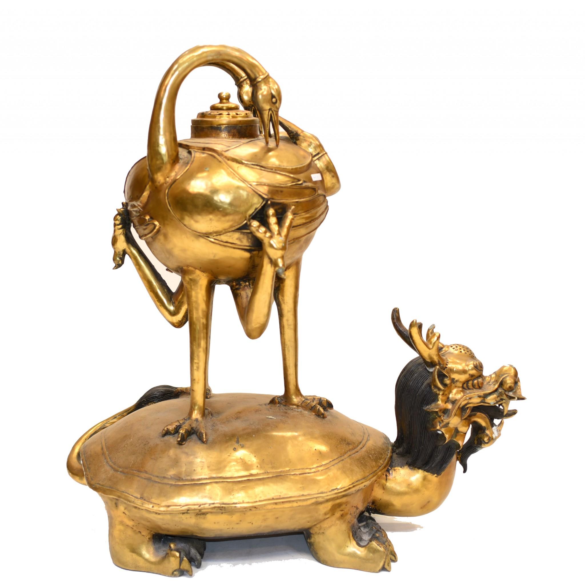 Brûleur d'encens de temple architectural en forme de grue de dragon chinois en bronze en vente 1