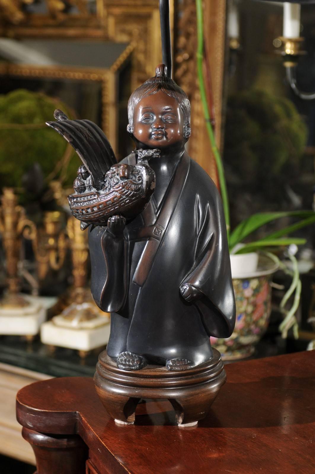 20th Century Bronze Chinese Figure Lamp For Sale