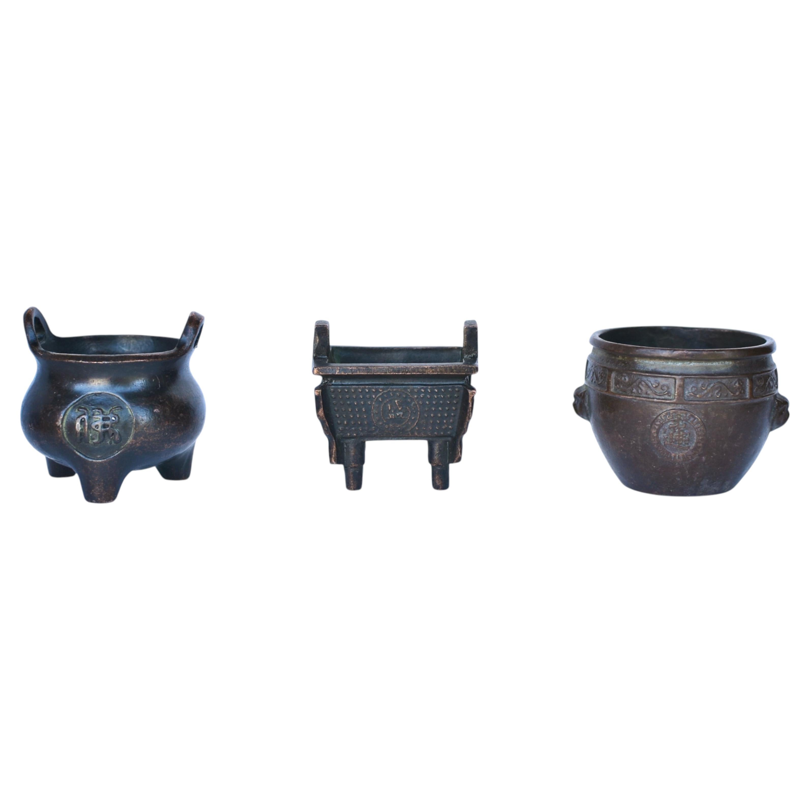Bronze Chinese Mini Censer Set of Three Incense Burners