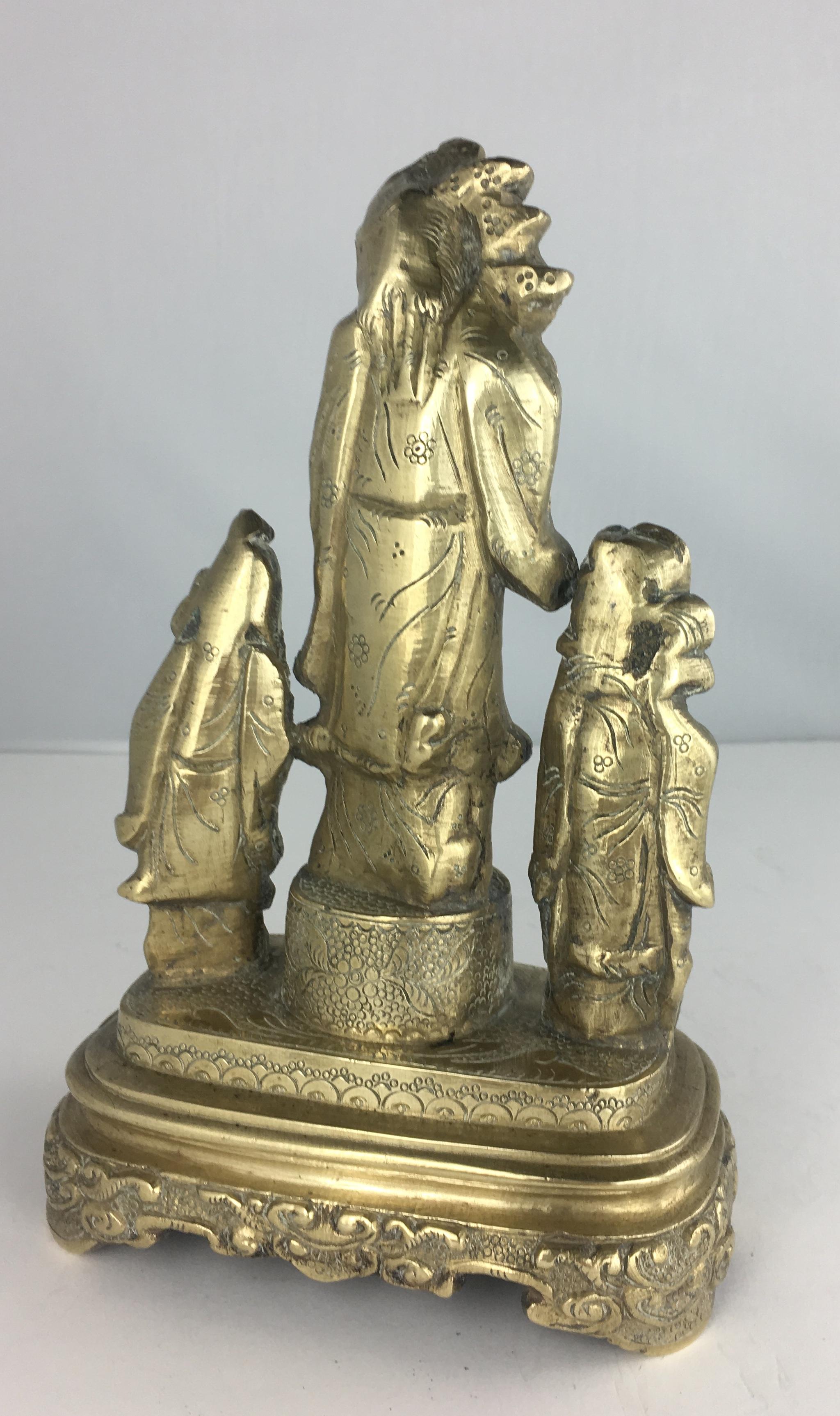 Hand-Crafted Bronze Chinese Statue of Three Figures For Sale