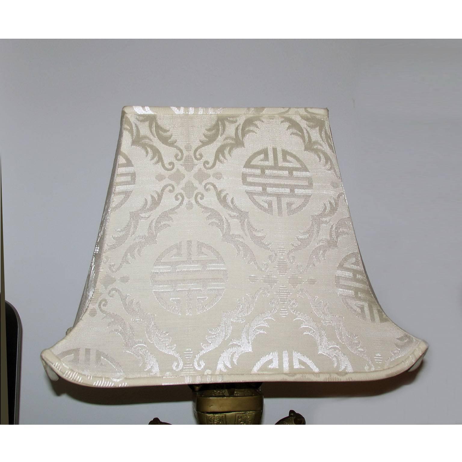 Bronze Chinese Table Lamps with Silk Pagoda Shades For Sale 6