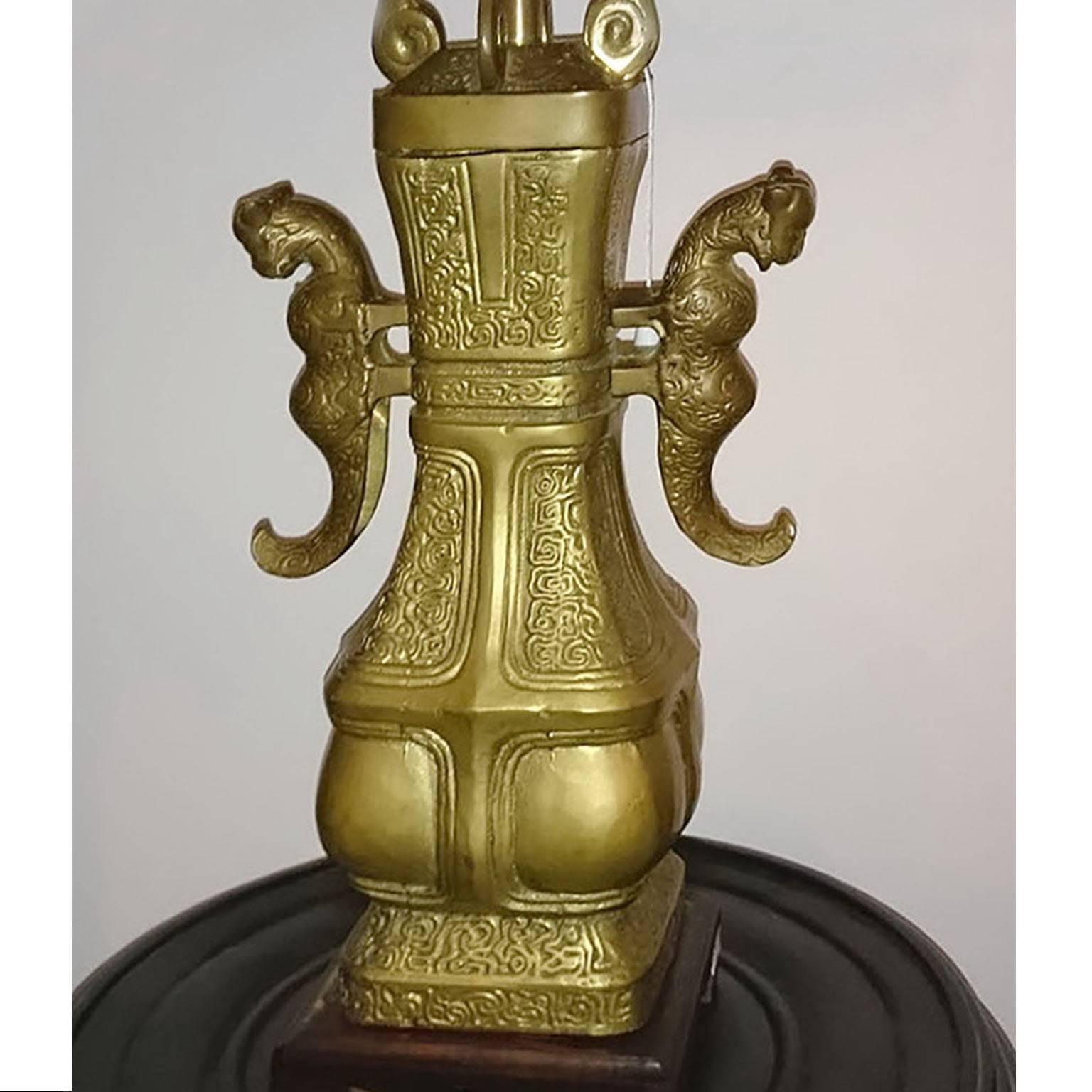 Bronze Chinese Table Lamps with Silk Pagoda Shades For Sale 9