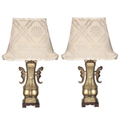 Bronze Chinese Table Lamps with Silk Pagoda Shades