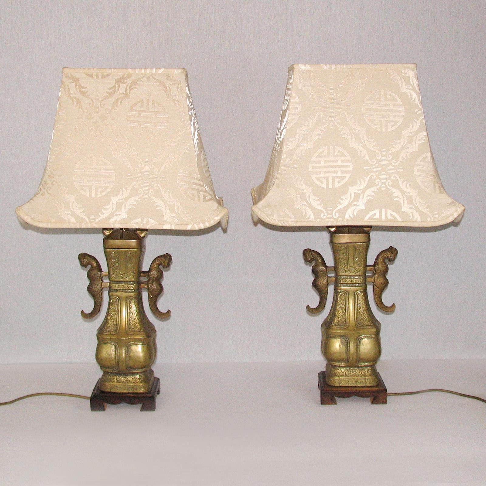 20th Century Bronze Chinese Table Lamps with Silk Pagoda Shades For Sale