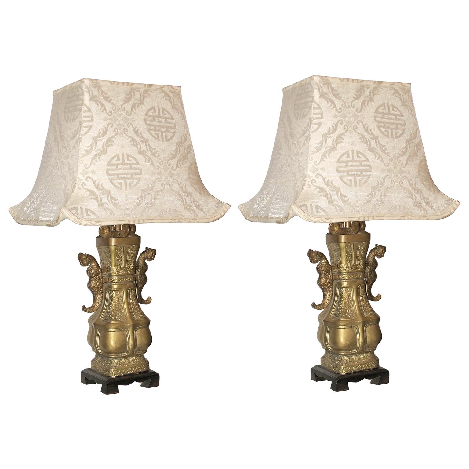Bronze Chinese Table Lamps with Silk Pagoda Shades For Sale