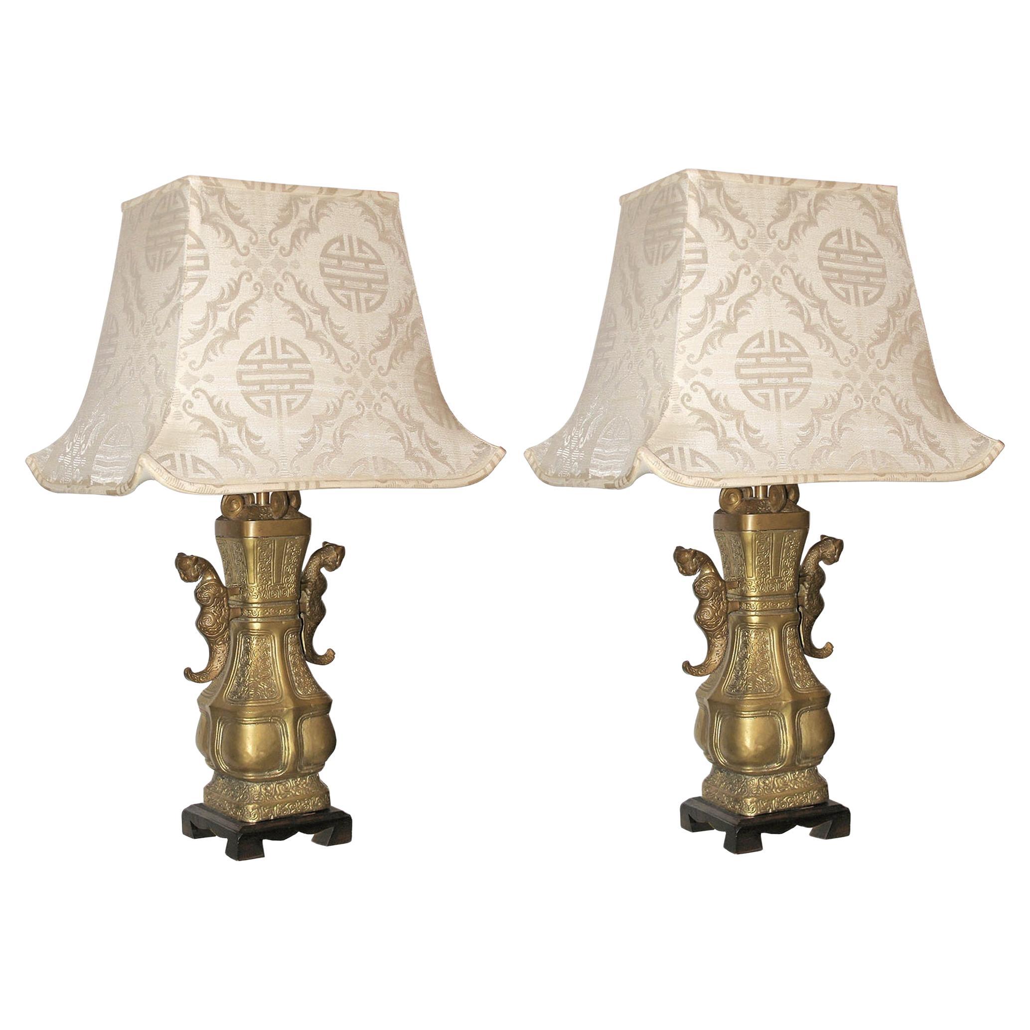 Bronze Chinese Table Lamps with Silk Pagoda Shades