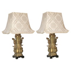 Bronze Chinese Table Lamps with Silk Pagoda Shades Bronze Chinese Table Lamps with Silk Pagoda Shades