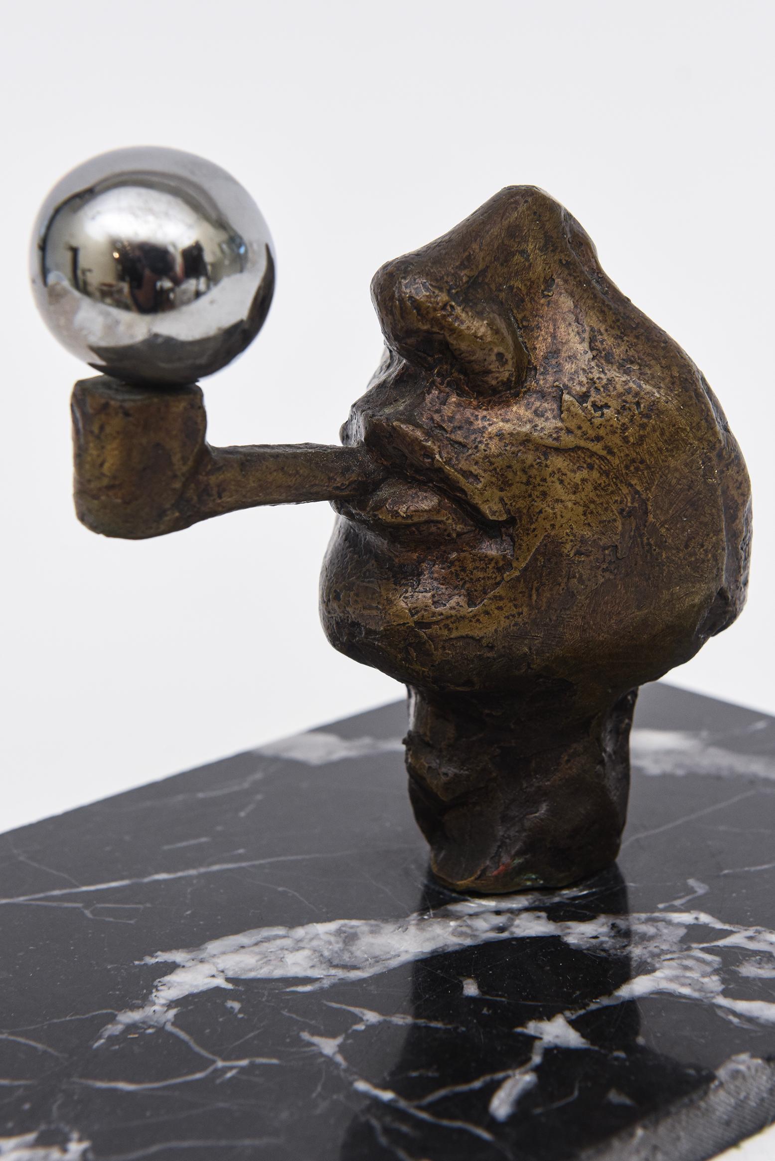  Bronze, Chrome, Marble Vintage Sculpture By Victor Salmones Blowing Bubbles In Good Condition For Sale In North Miami, FL