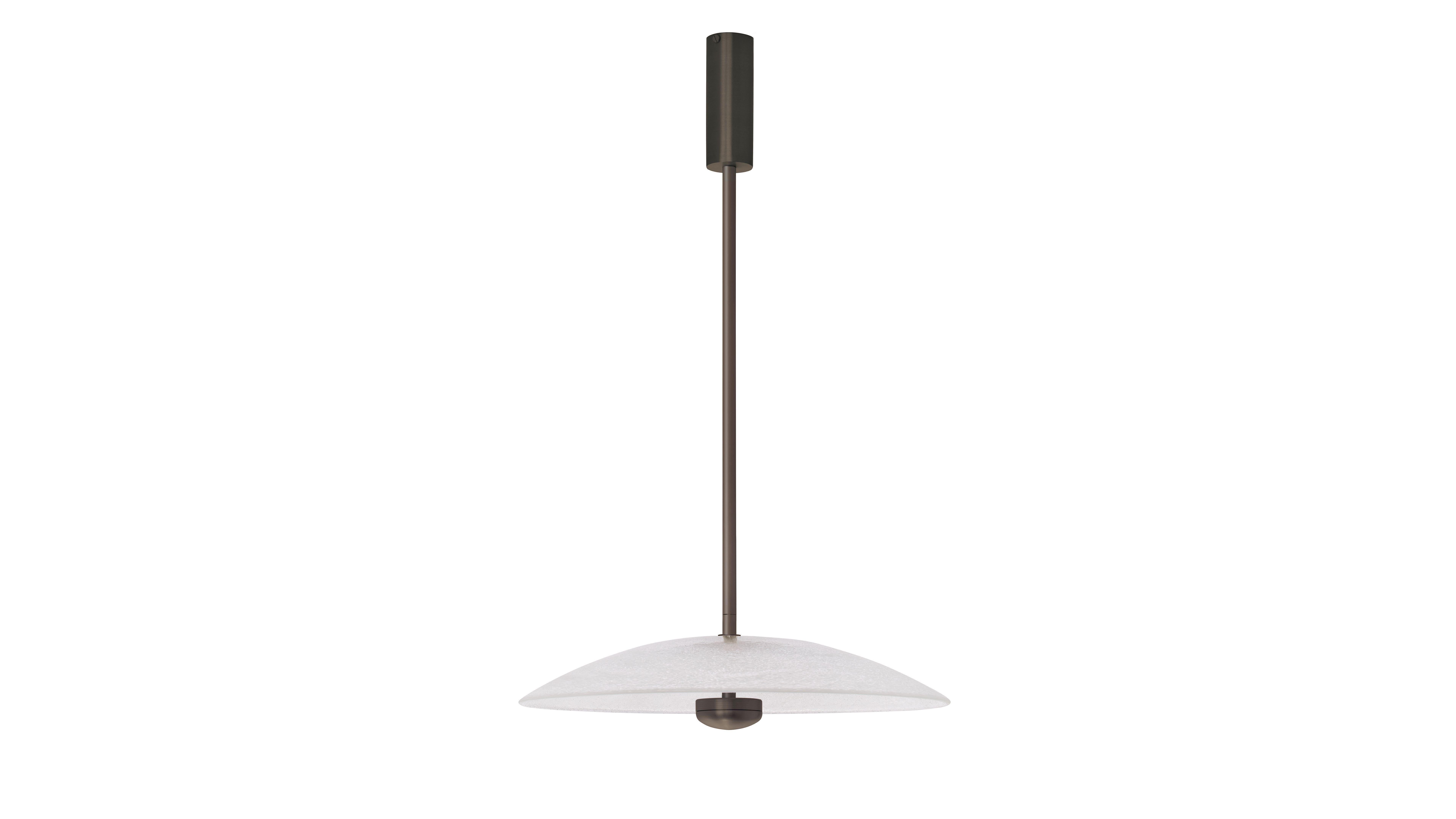 Bronze Cielo large pendant by CTO Lighting
Materials: Bronze with hand fritted glass
Dimensions: W 38.5 x D 38.5 x H 22.5 cm

integrated LED - trailing dimmable - 8w - 2700k
weight 4.5kg (9.9lbs)
supplied with 1000mm drop rod
for installation