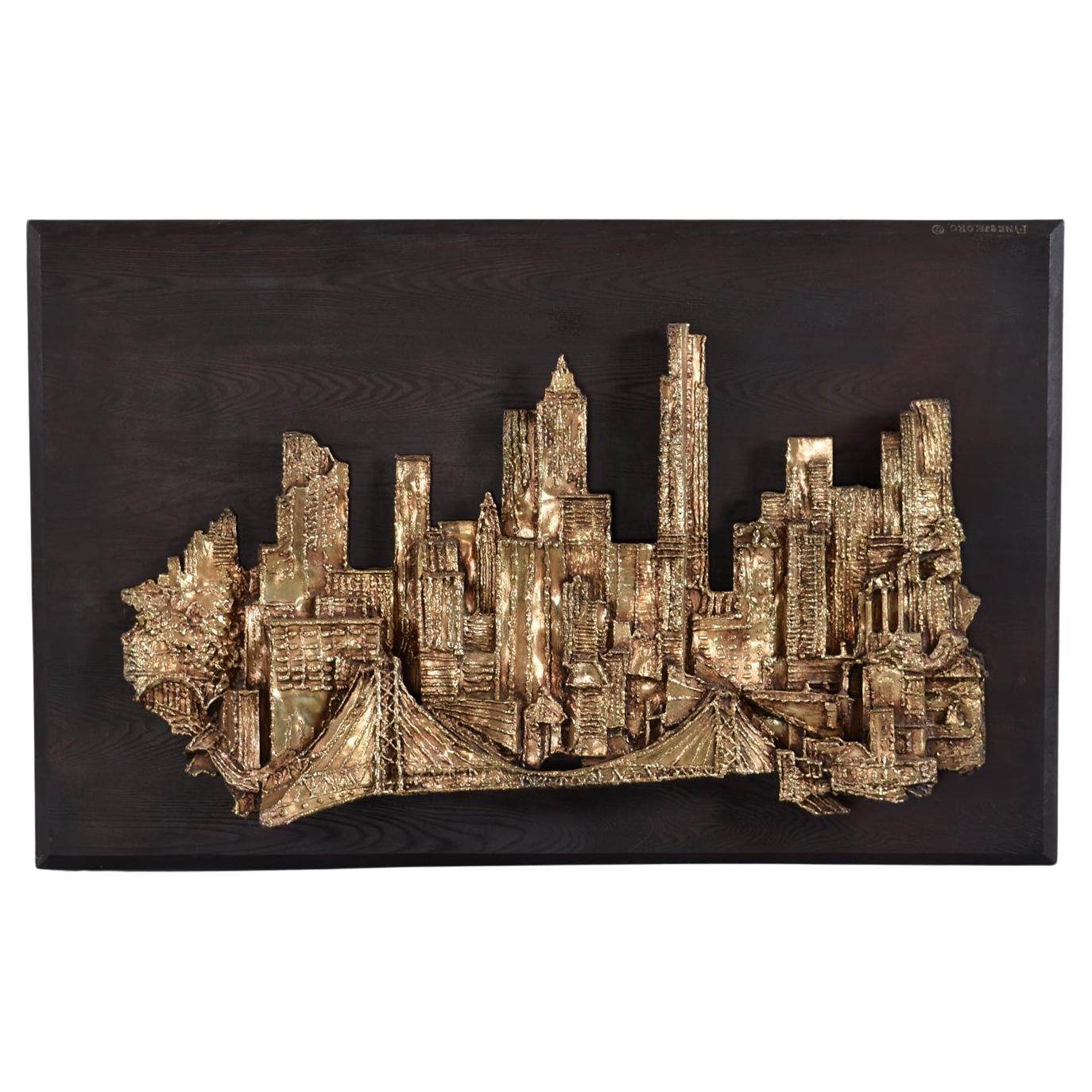Scultura da parete in bronzo con paesaggio urbano di Finesse Originals, anni '70