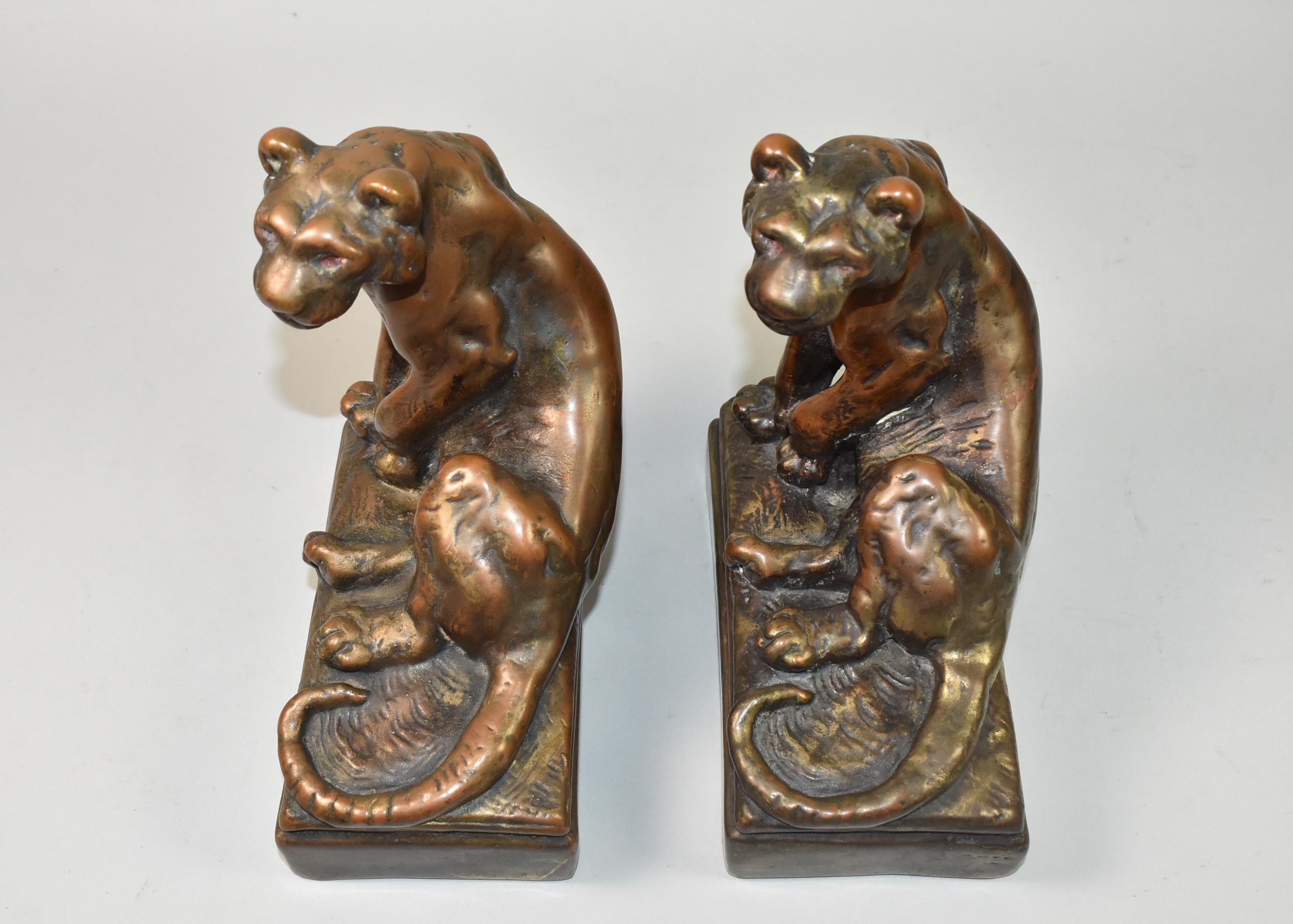 Bronze Clad Lion/Tiger Bookends, Attributed to Pompeian by Paul Herzel For Sale 1