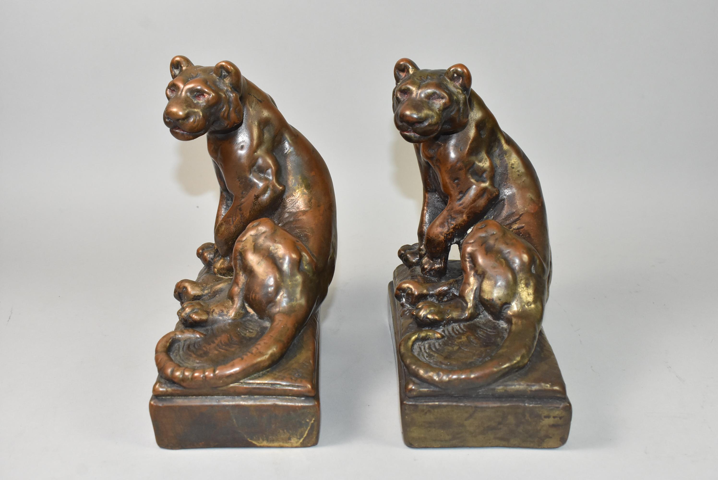 Bronze Clad Lion/Tiger Bookends, Attributed to Pompeian by Paul Herzel For Sale 2