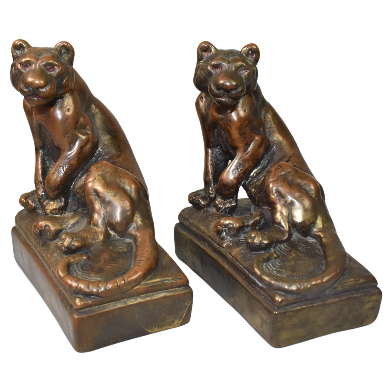 Bronze Clad Lion/Tiger Bookends, Attributed to Pompeian by Paul Herzel For Sale