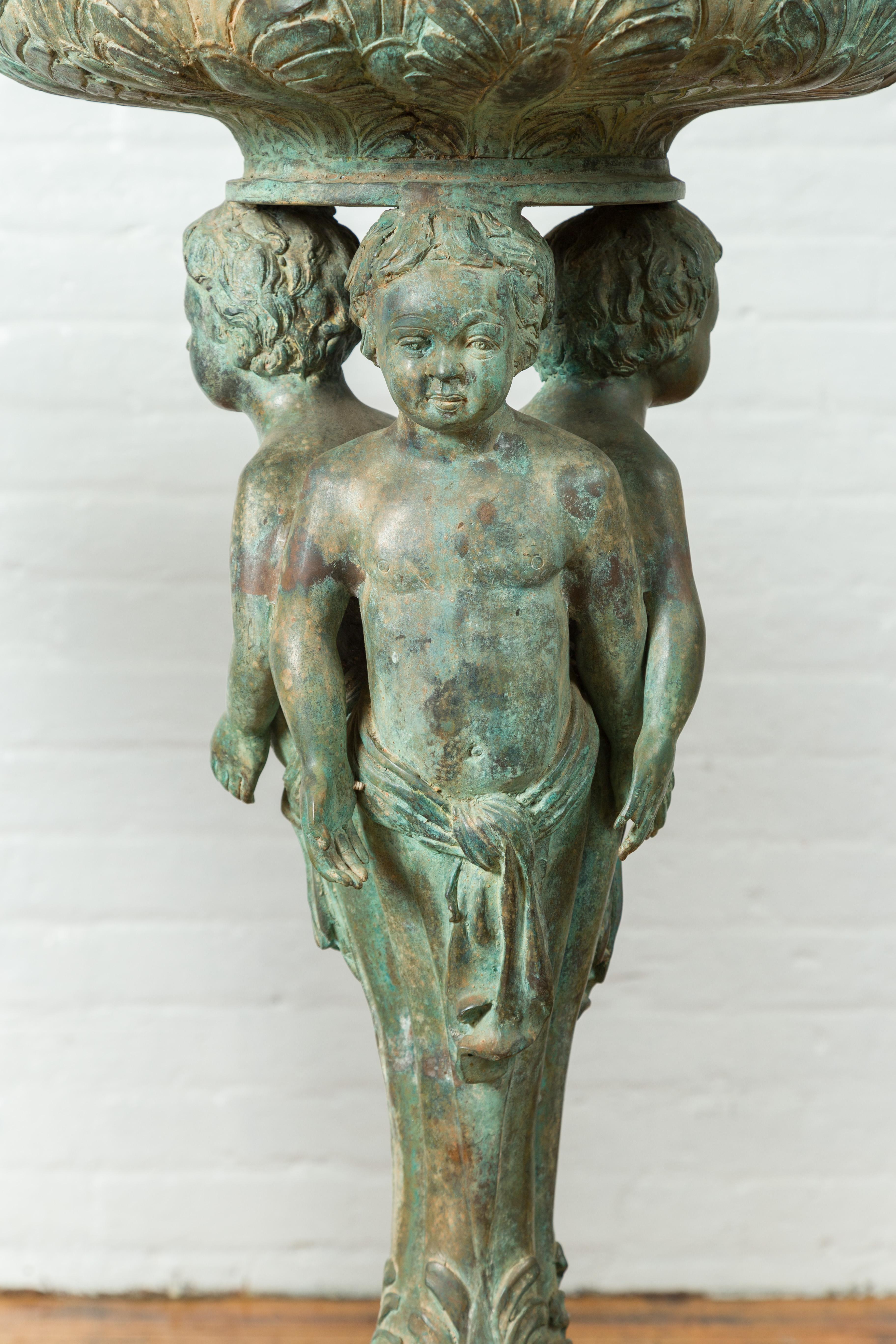 Bronze Classical Triple Cherub Planter Urn with Verdigris Patina For Sale 5