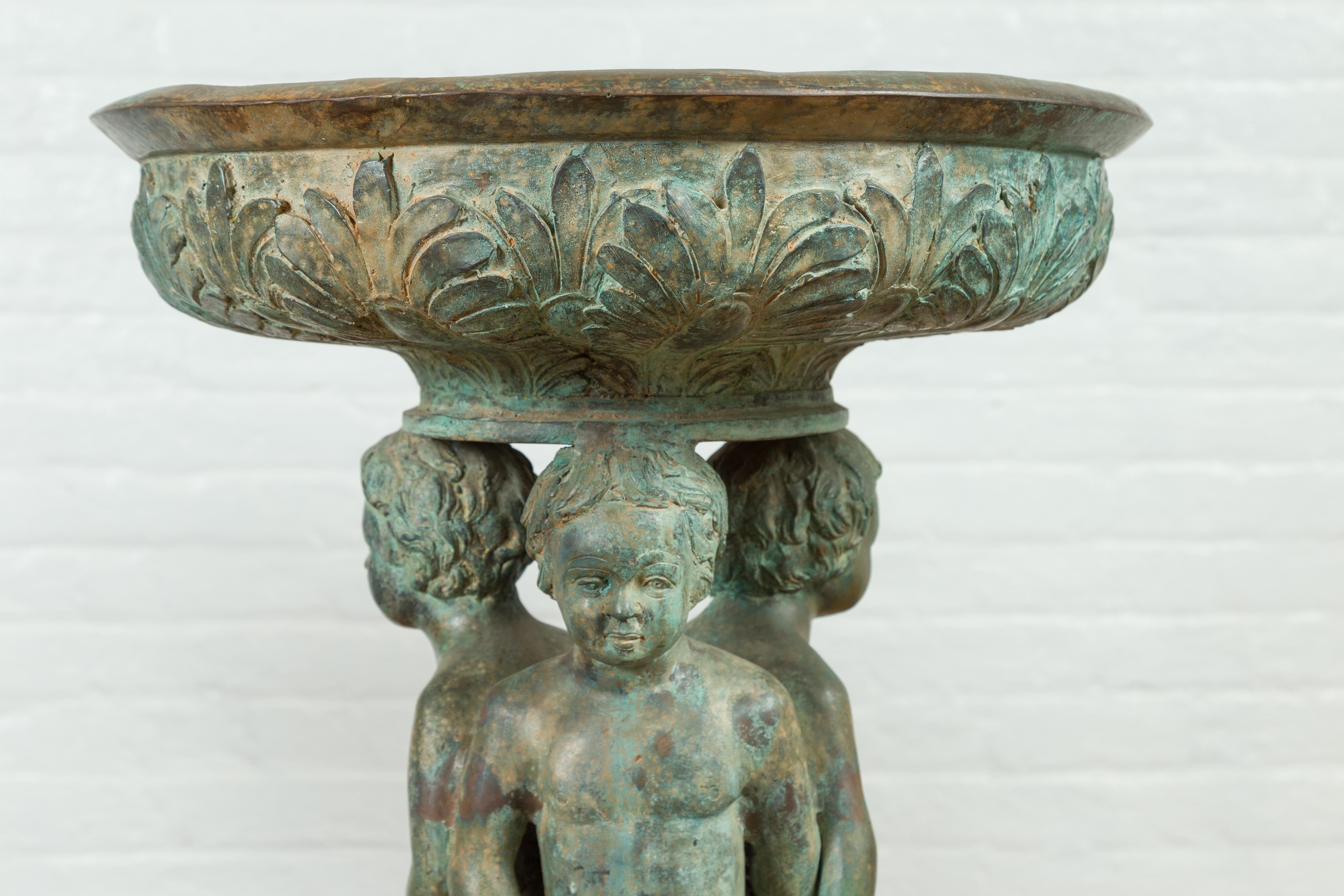Bronze Classical Triple Cherub Planter Urn with Verdigris Patina For Sale 8