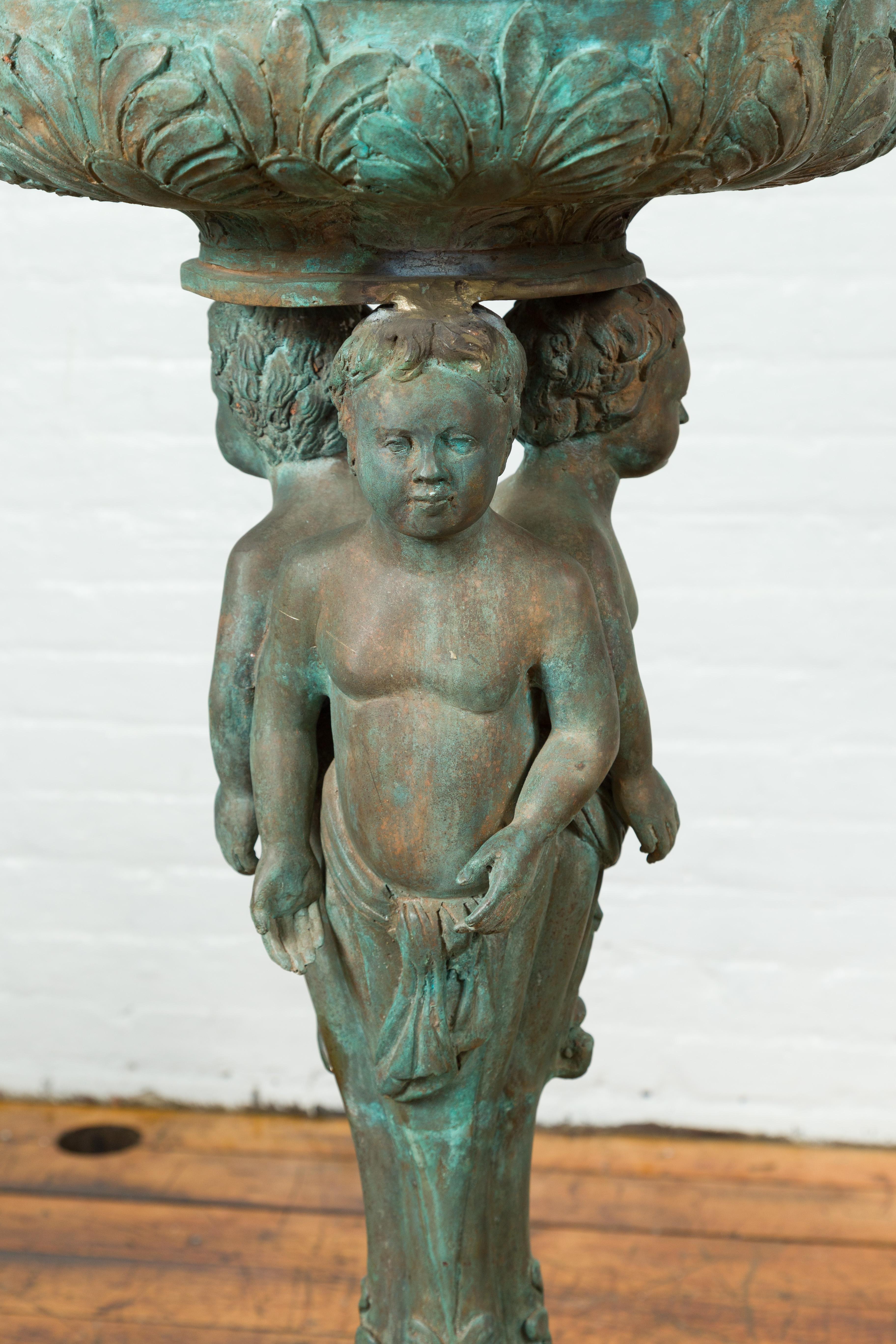 Bronze Classical Triple Cherub Planter Urn with Verdigris Patina For Sale 9