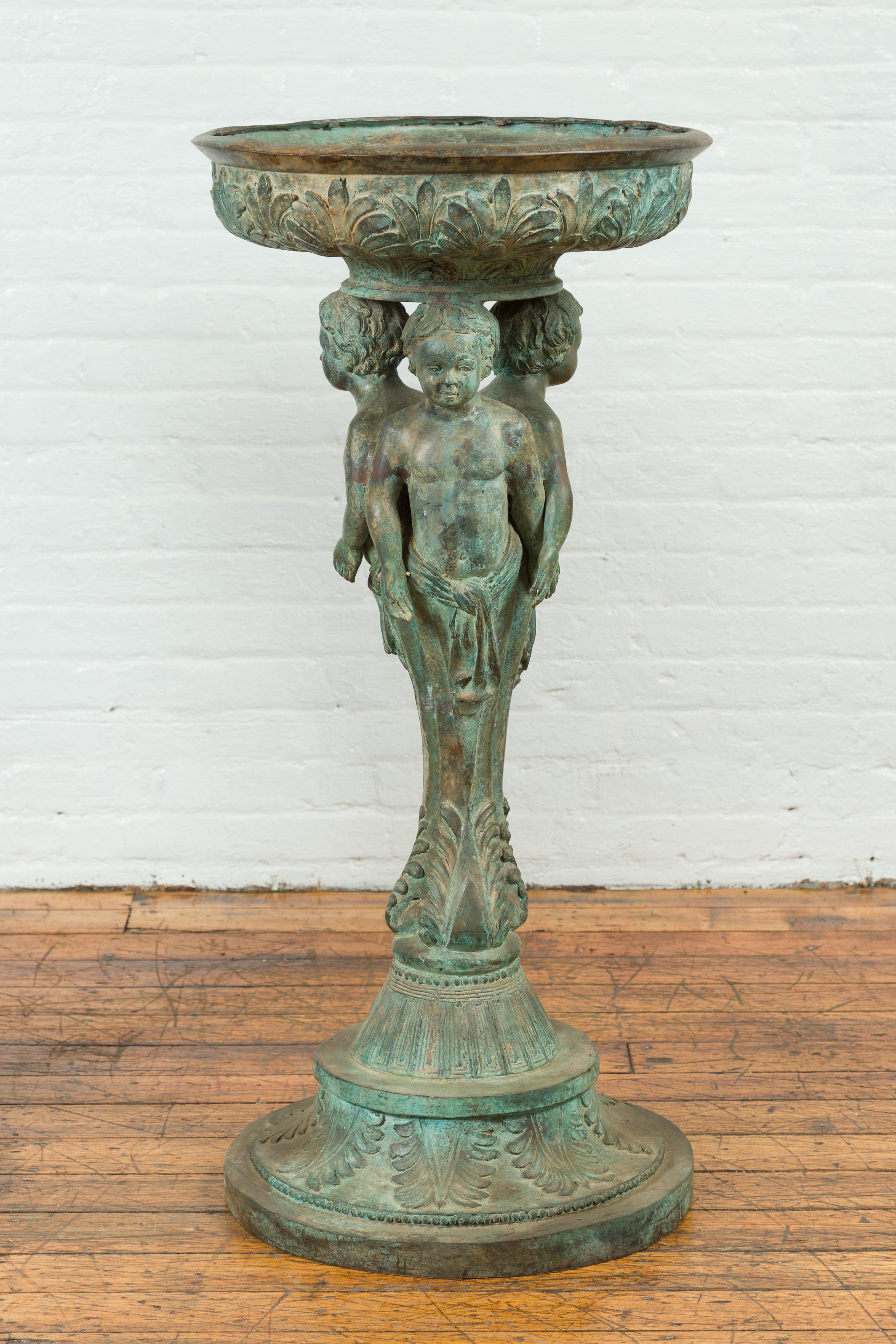 Bronze Classical Triple Cherub Planter Urn with Verdigris Patina For Sale 10