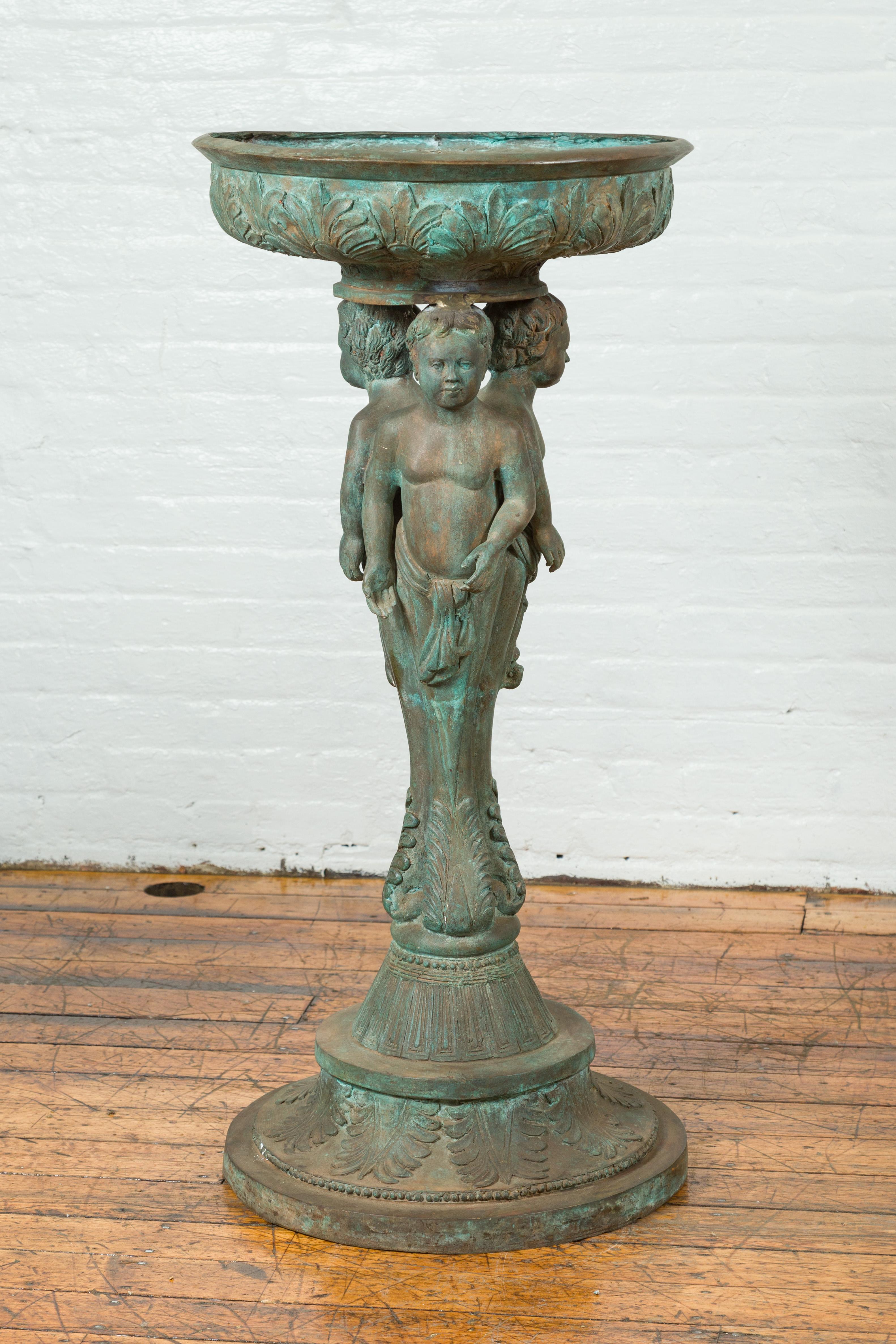 Bronze Classical Triple Cherub Planter Urn with Verdigris Patina For Sale 11