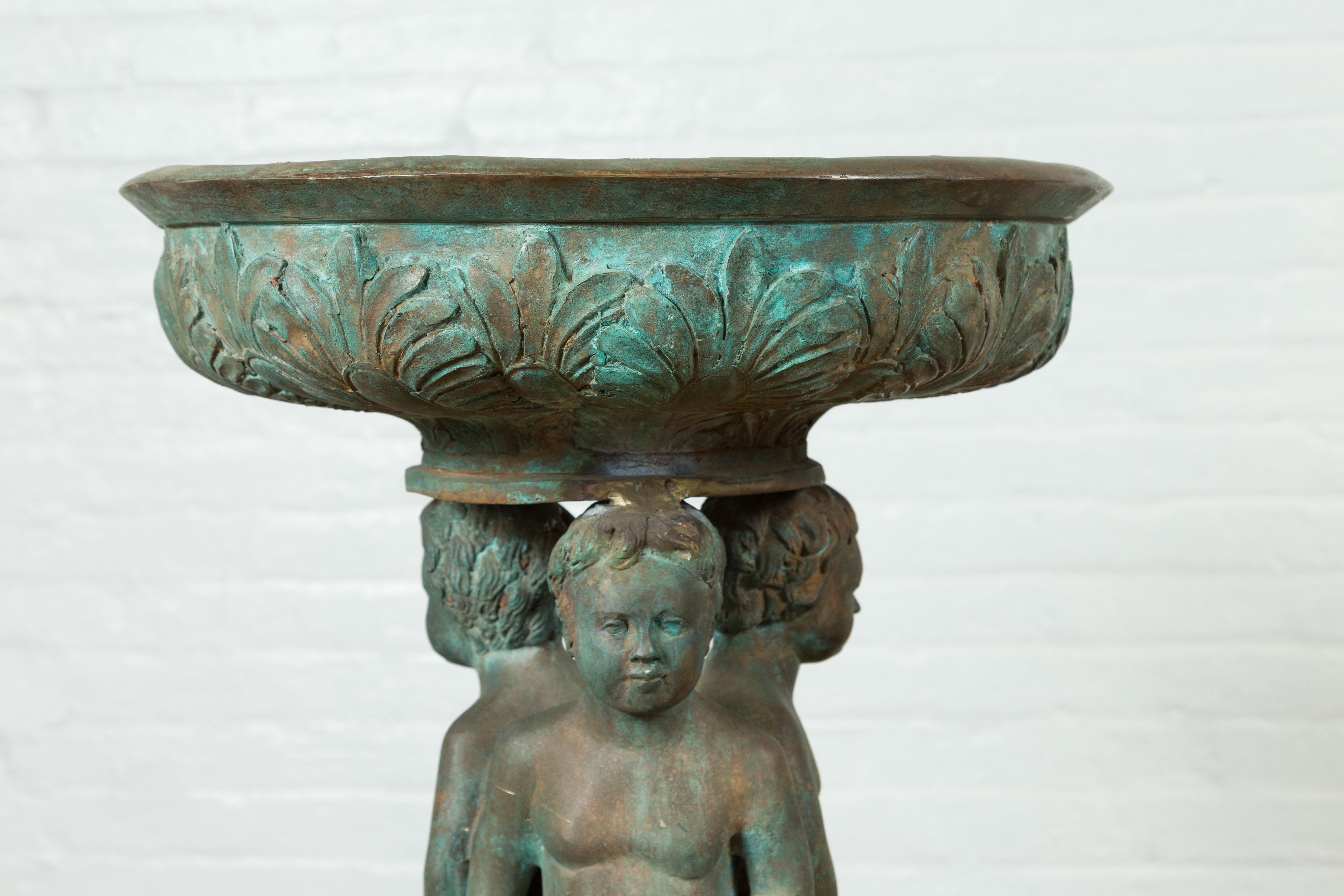 Bronze Classical Triple Cherub Planter Urn with Verdigris Patina 12