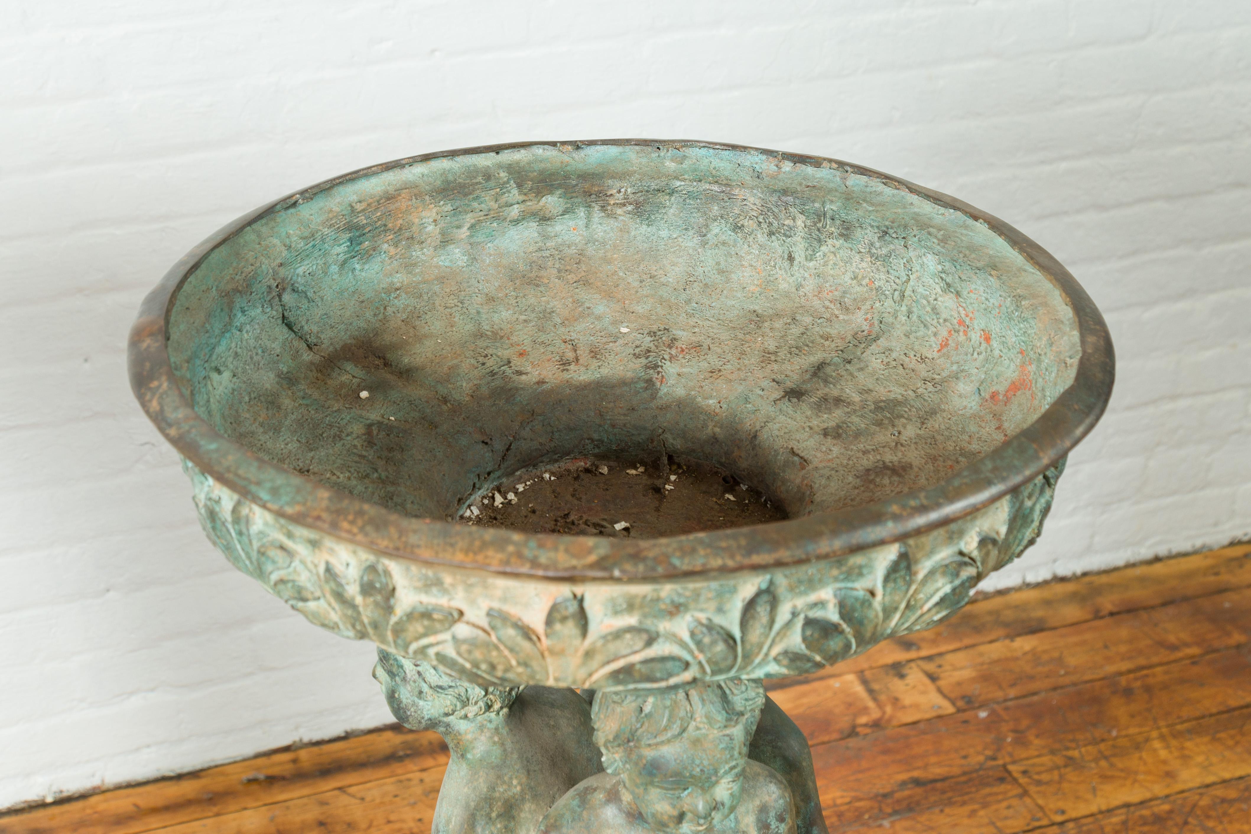 Bronze Classical Triple Cherub Planter Urn with Verdigris Patina For Sale 2
