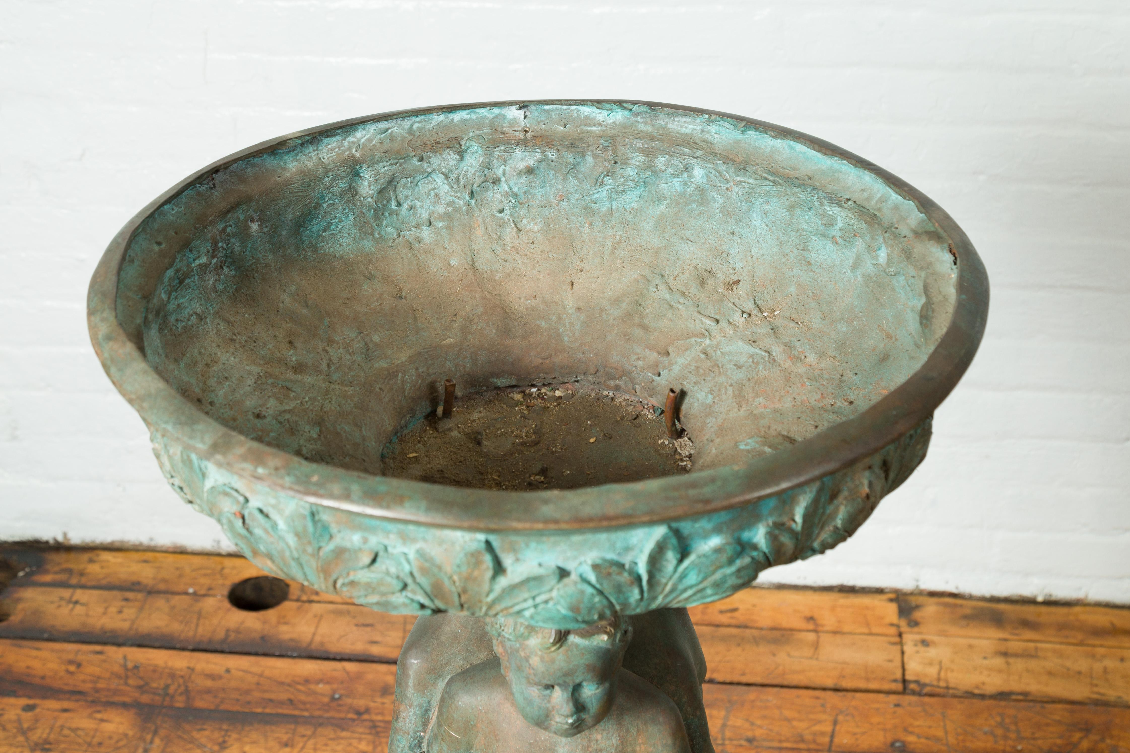 Bronze Classical Triple Cherub Planter Urn with Verdigris Patina For Sale 3