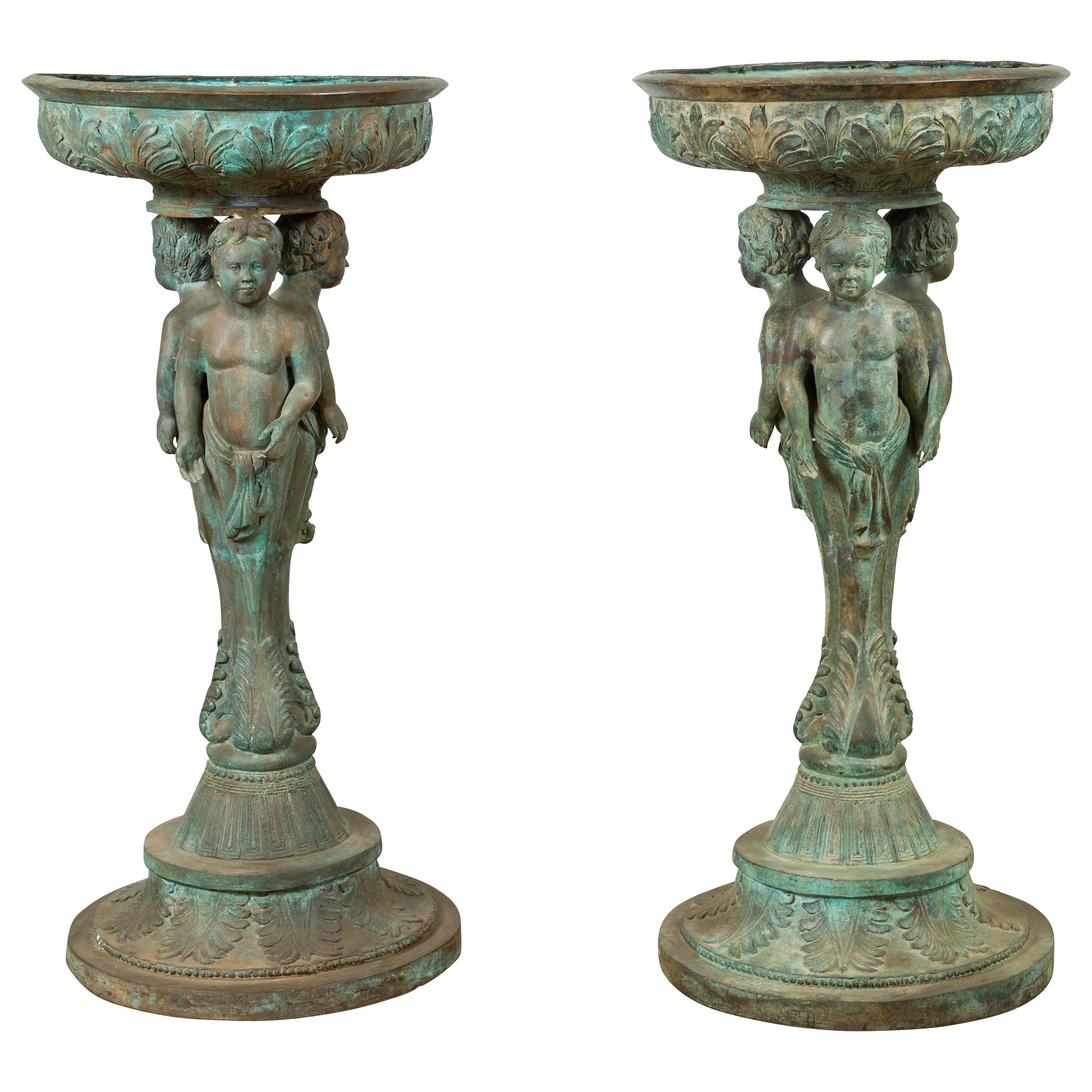 Bronze Pair of Triple Cherub Planter Urns For Sale