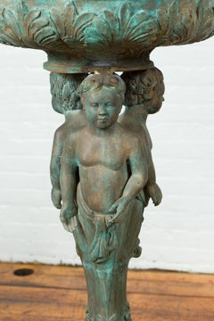 Bronze Classical Triple Cherub Planter Urn with Verdigris Patina