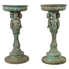 Bronze Classical Triple Cherub Planter Urn with Verdigris Patina