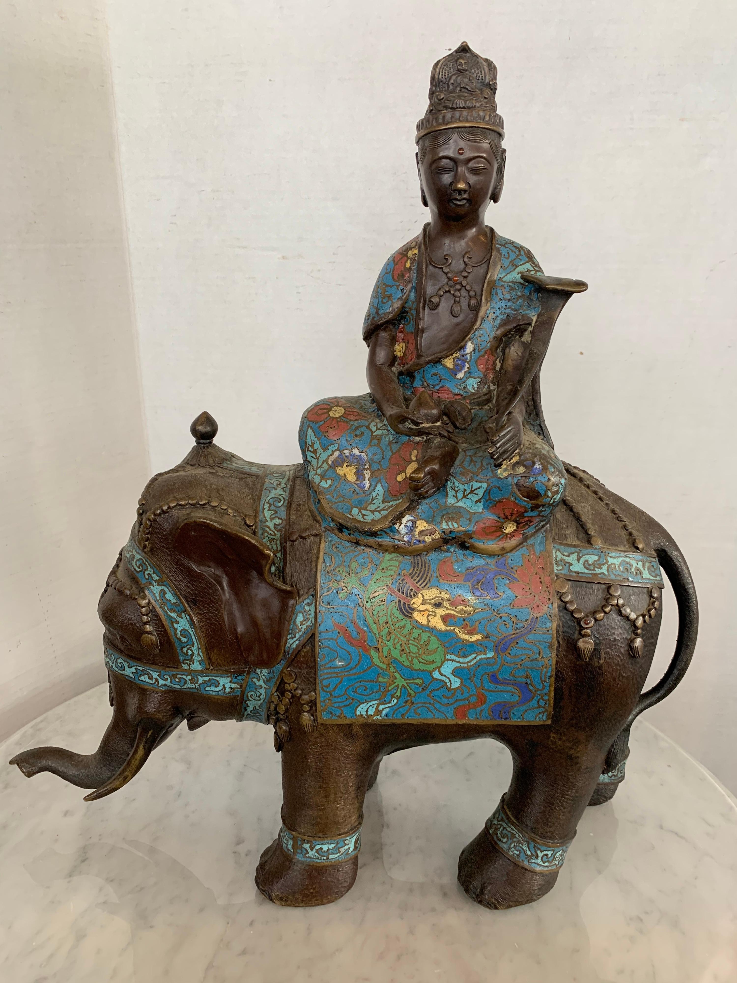 Bronze Buddha on Cloisonné Enamel Elephant Sculpture 12