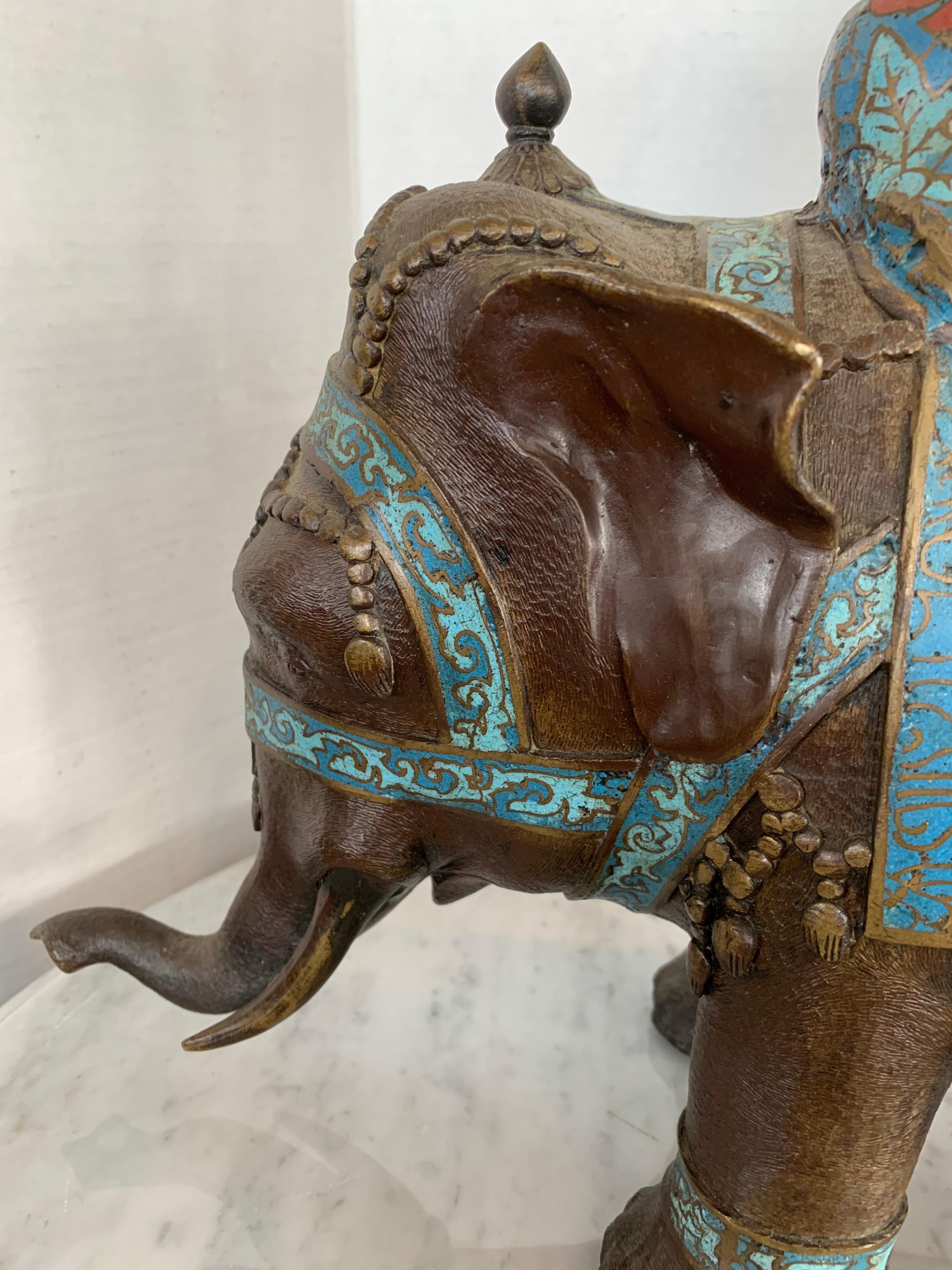 20th Century Bronze Buddha on Cloisonné Enamel Elephant Sculpture