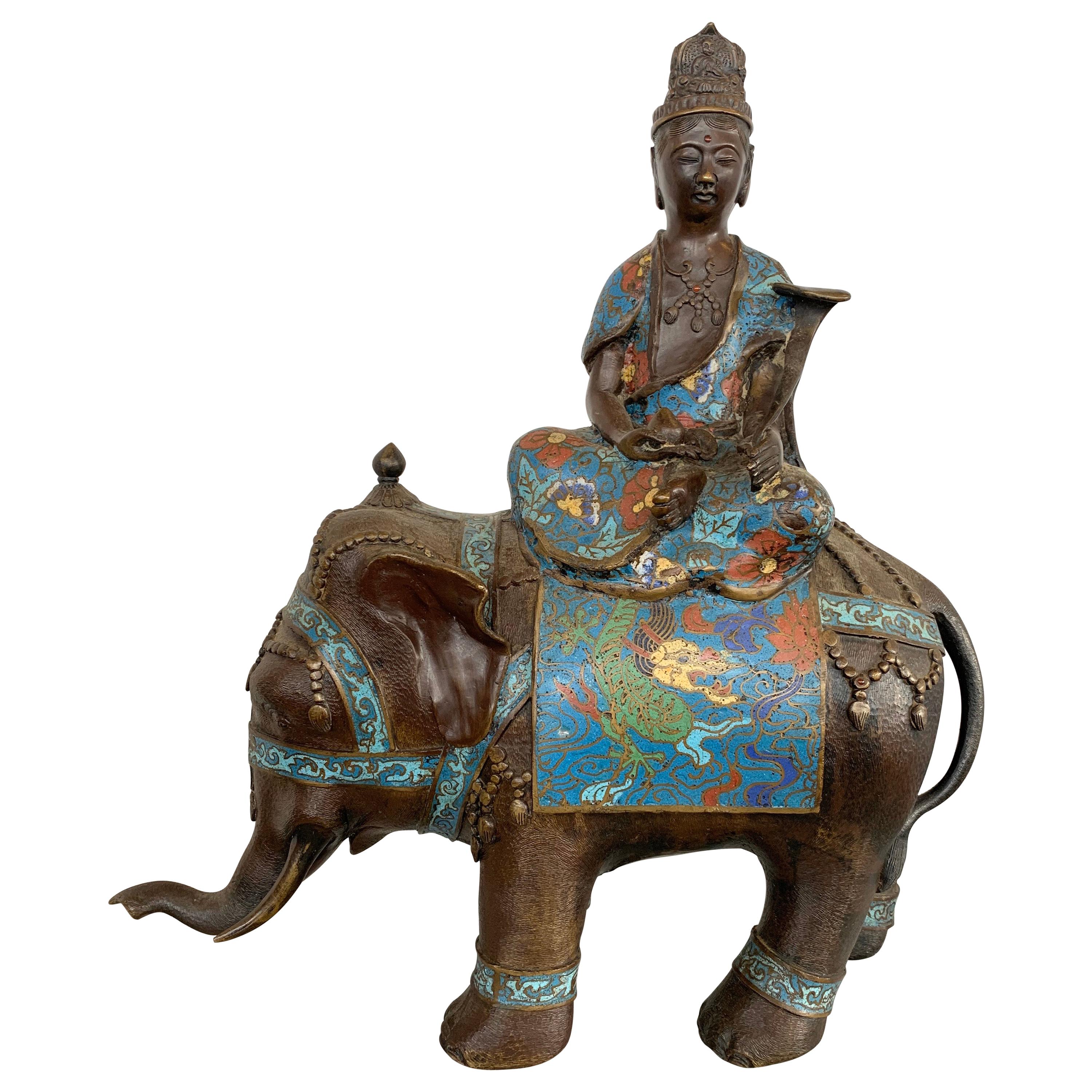 Bronze Buddha on Cloisonné Enamel Elephant Sculpture