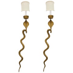 Bronze Cobra Sconces with Silk Shade Midcentury 1970, France