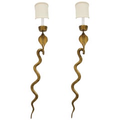 Vintage Bronze Cobra Snake Sconces with Silk Shade Midcentury, 1970, France