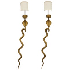 Bronze Cobra Snake Sconces with Silk Shade Midcentury, 1970, France