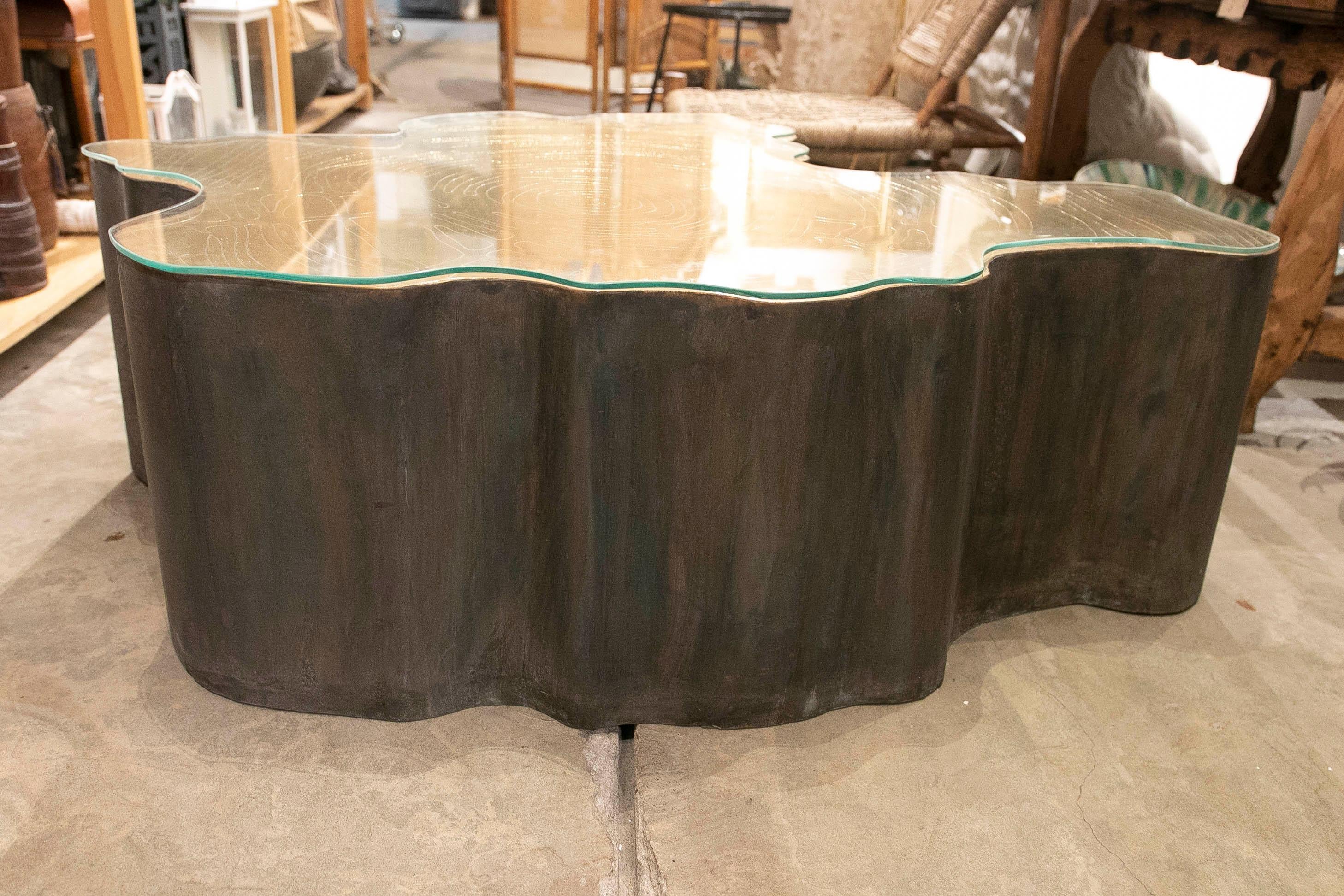 Table basse en bronze en forme de tronc d'arbre sculpté avec plateau en verre 8