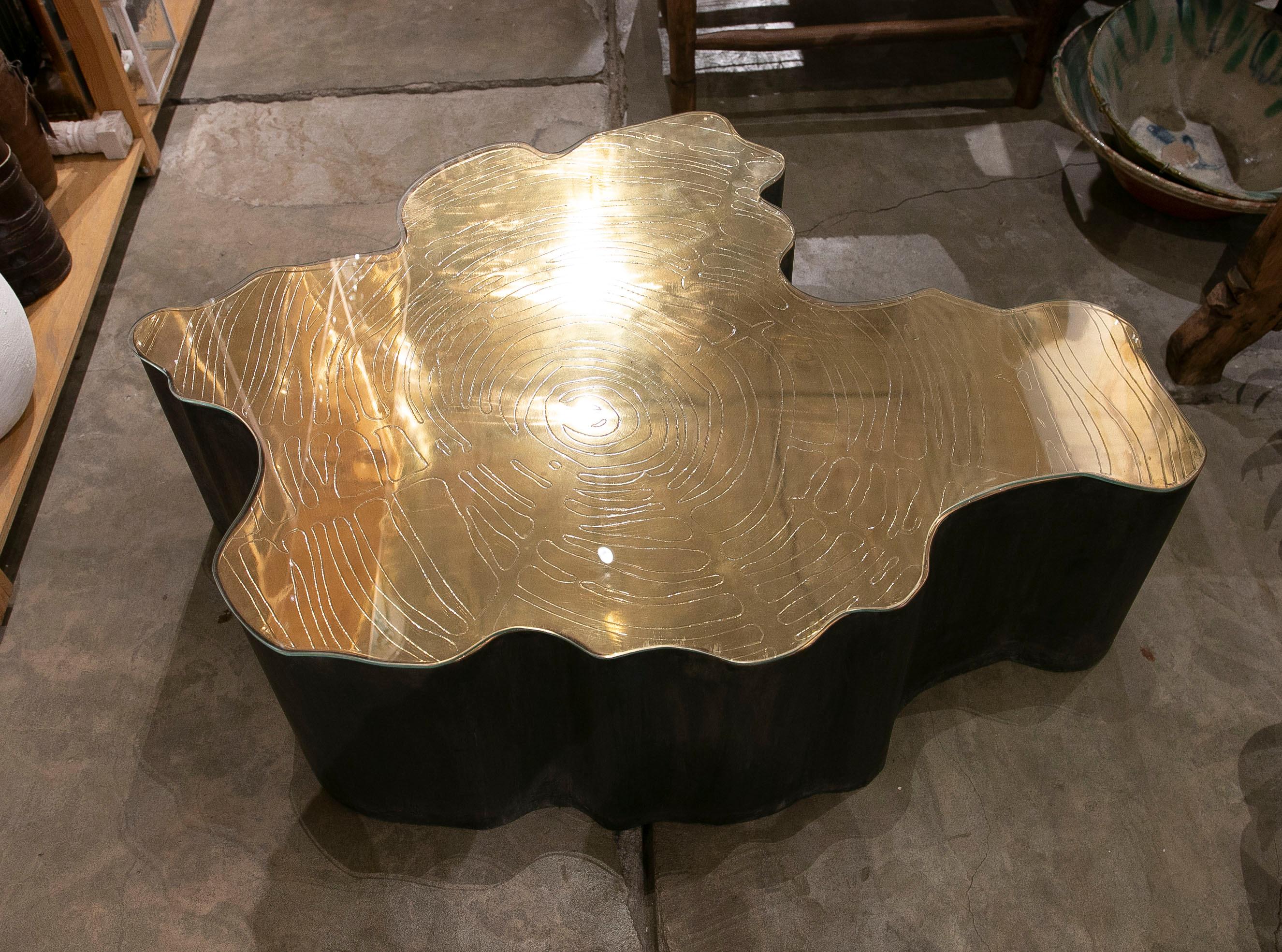 Table basse en bronze en forme de tronc d'arbre sculpté avec plateau en verre 9
