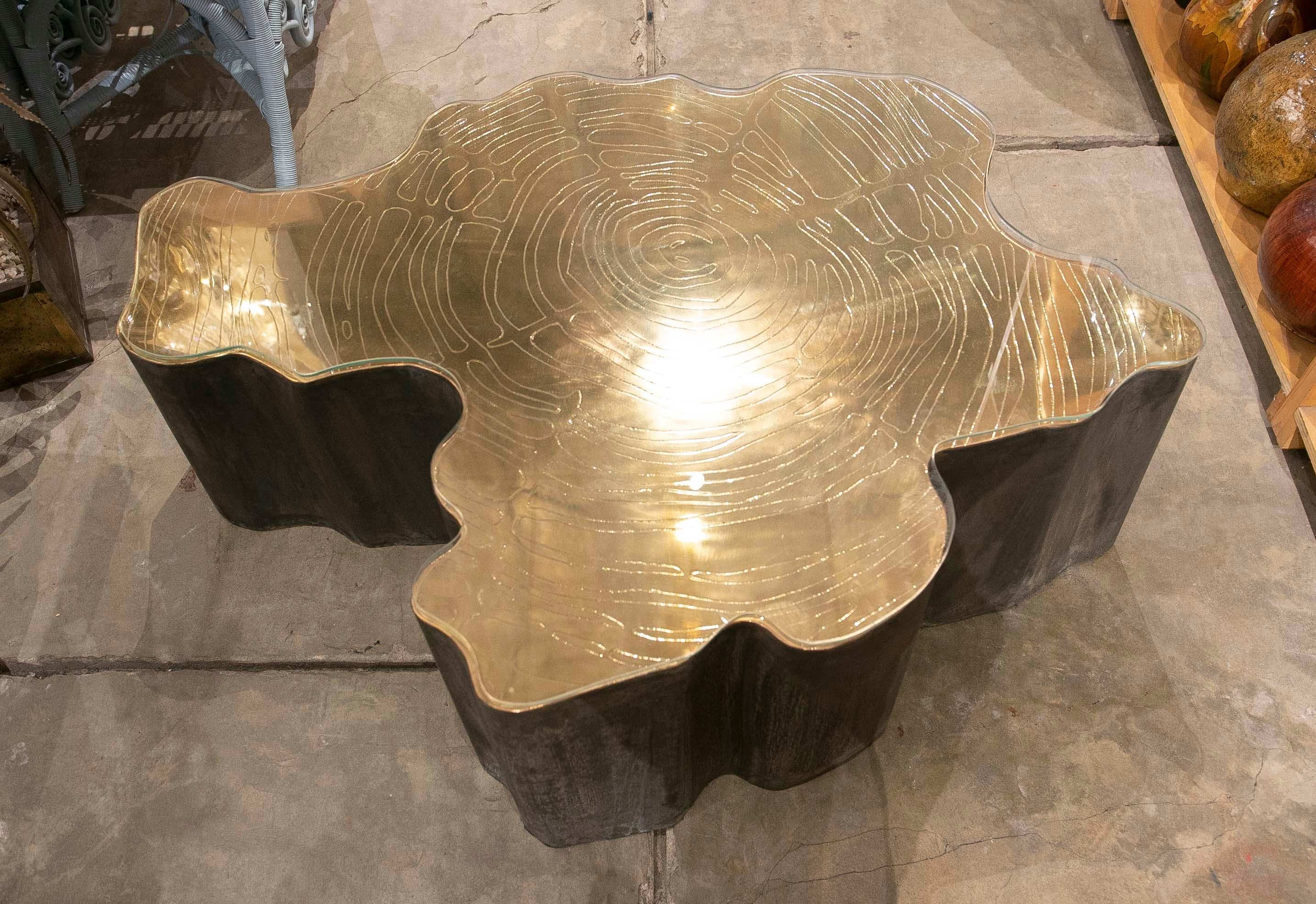Table basse en bronze en forme de tronc d'arbre sculpté avec plateau en verre 10