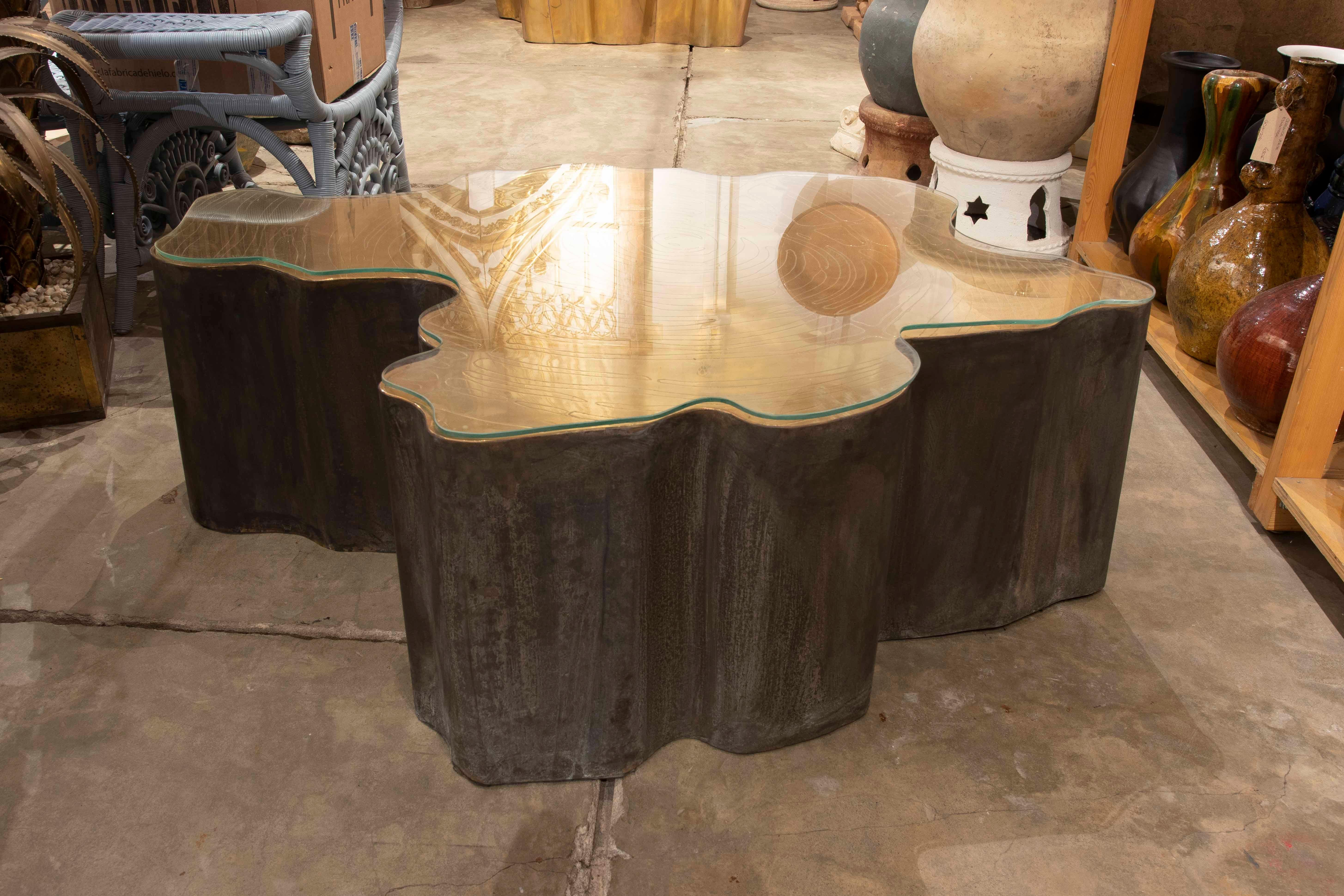 Table basse en bronze en forme de tronc d'arbre sculpté avec plateau en verre 11
