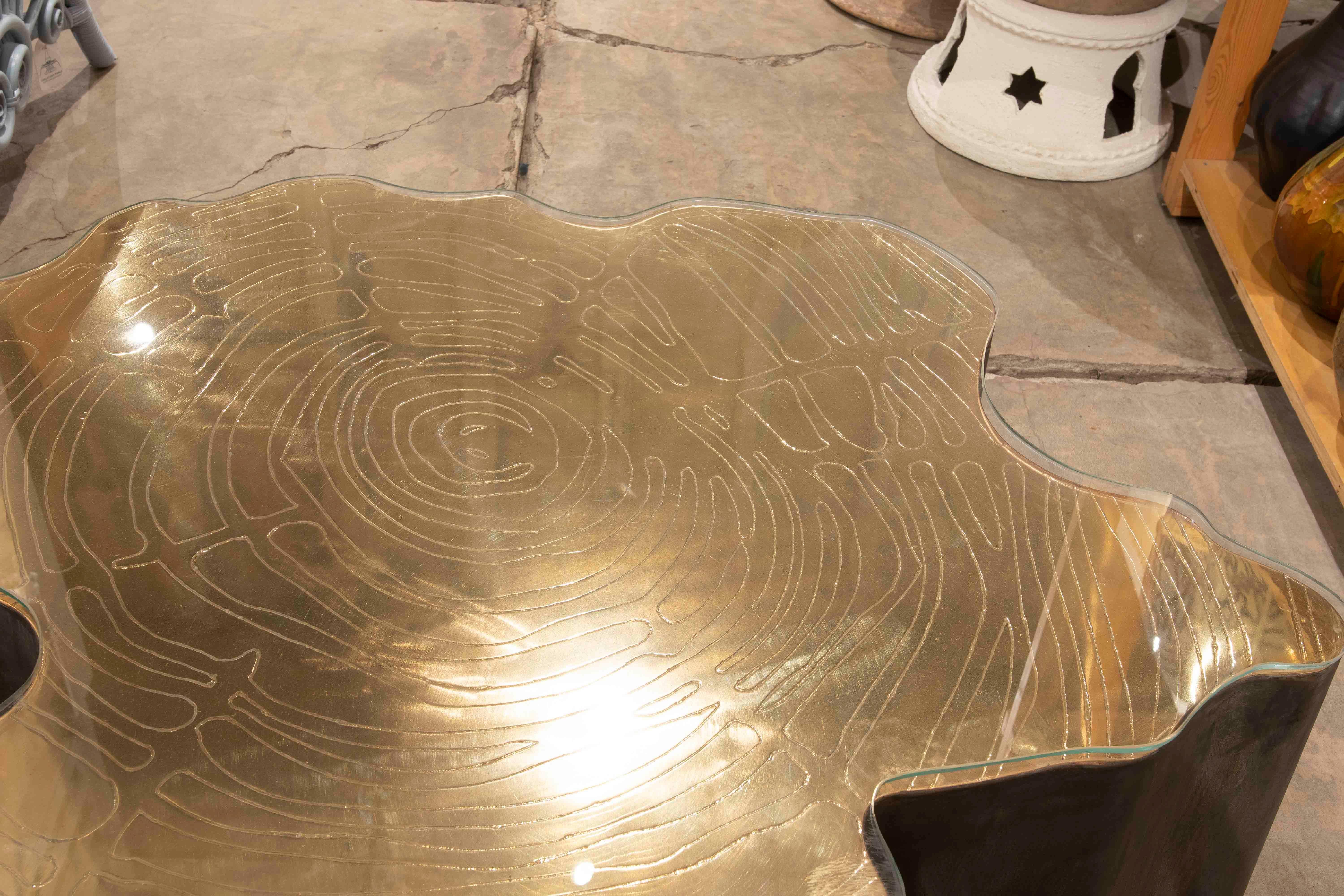 Contemporary Bronze Coffee Table in the Shape of a Carved Tree Trunk with Glass Top For Sale