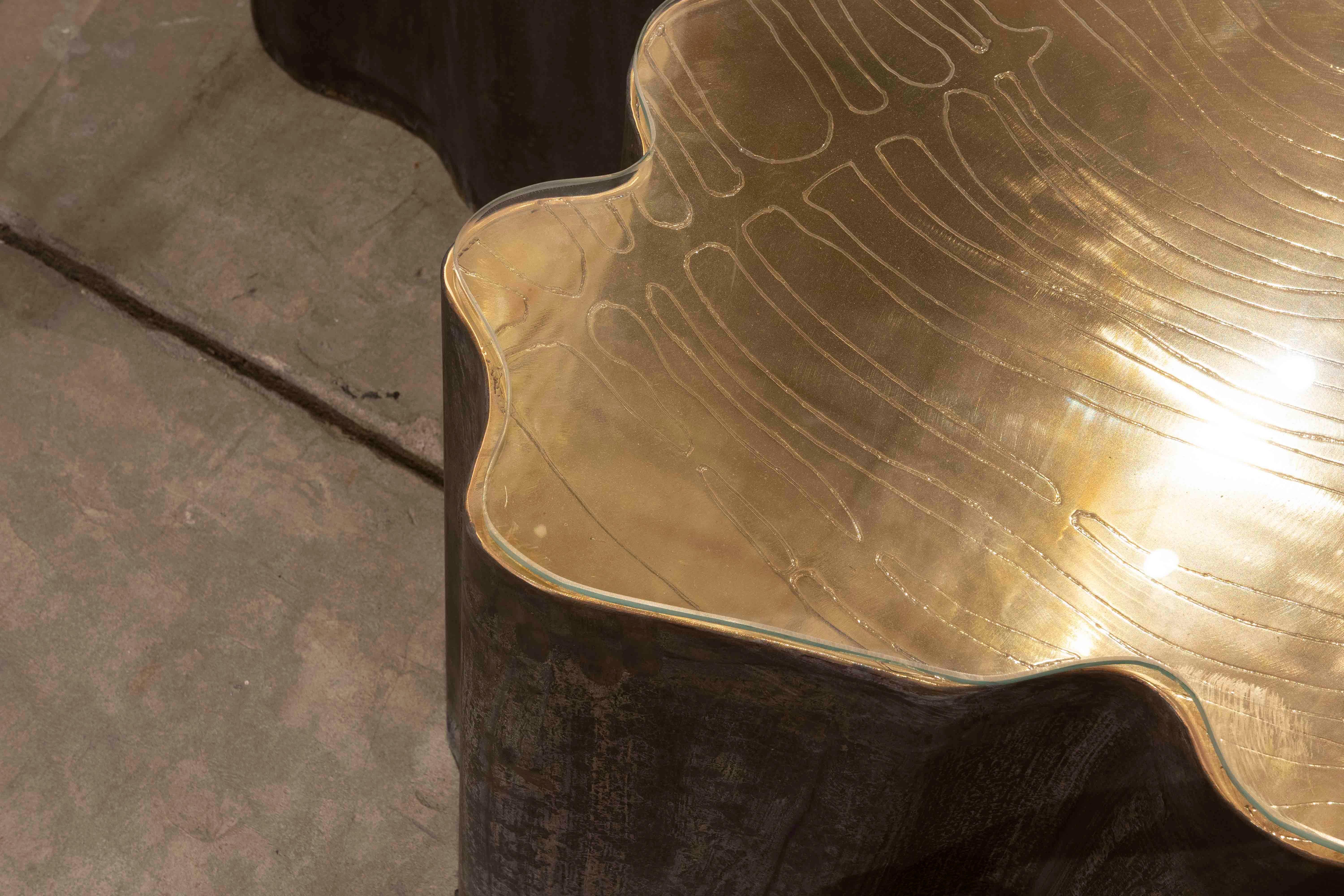 Table basse en bronze en forme de tronc d'arbre sculpté avec plateau en verre 4