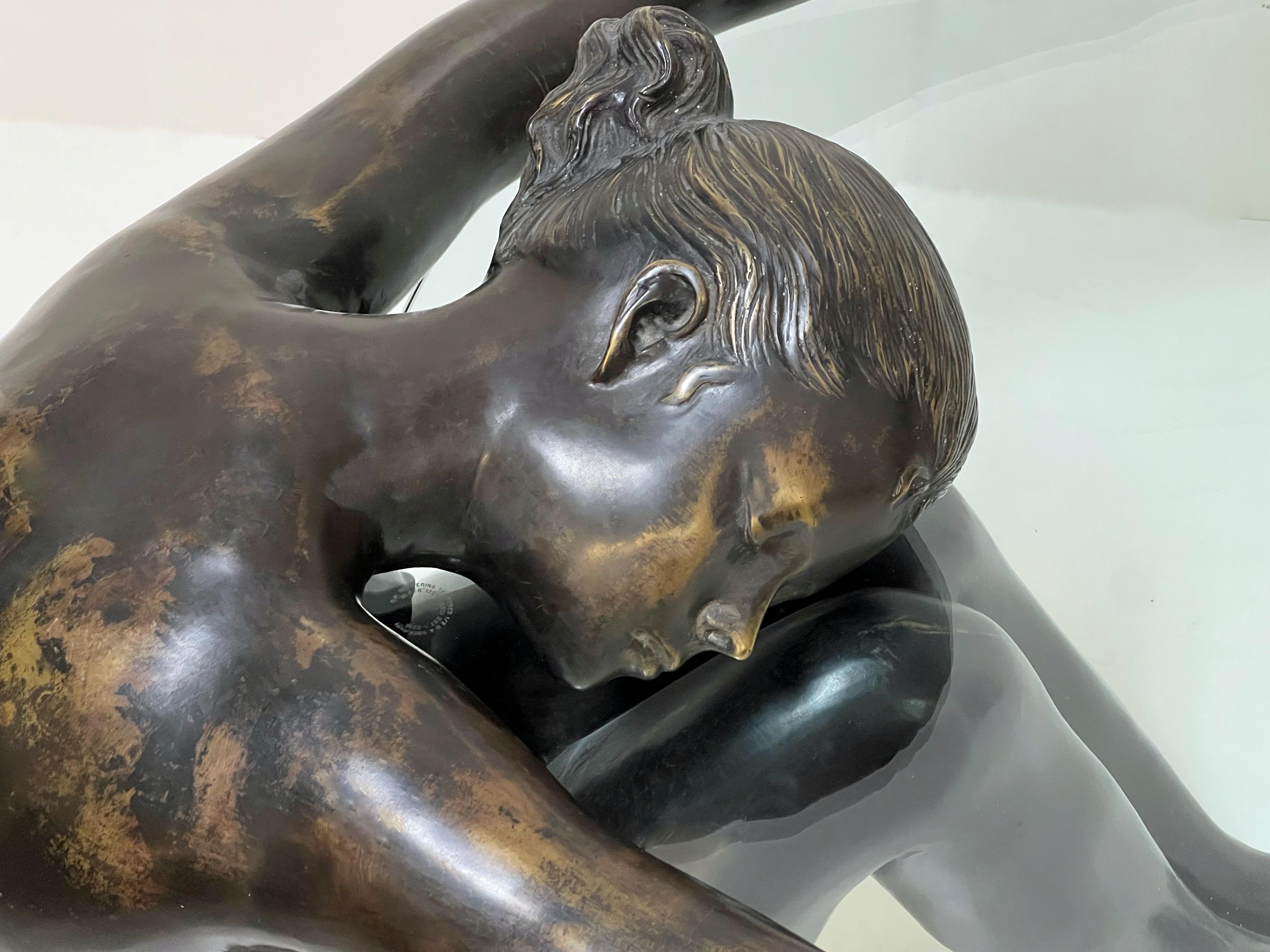 Bronze Coffee Table of Nude Holding a Glass Top 3