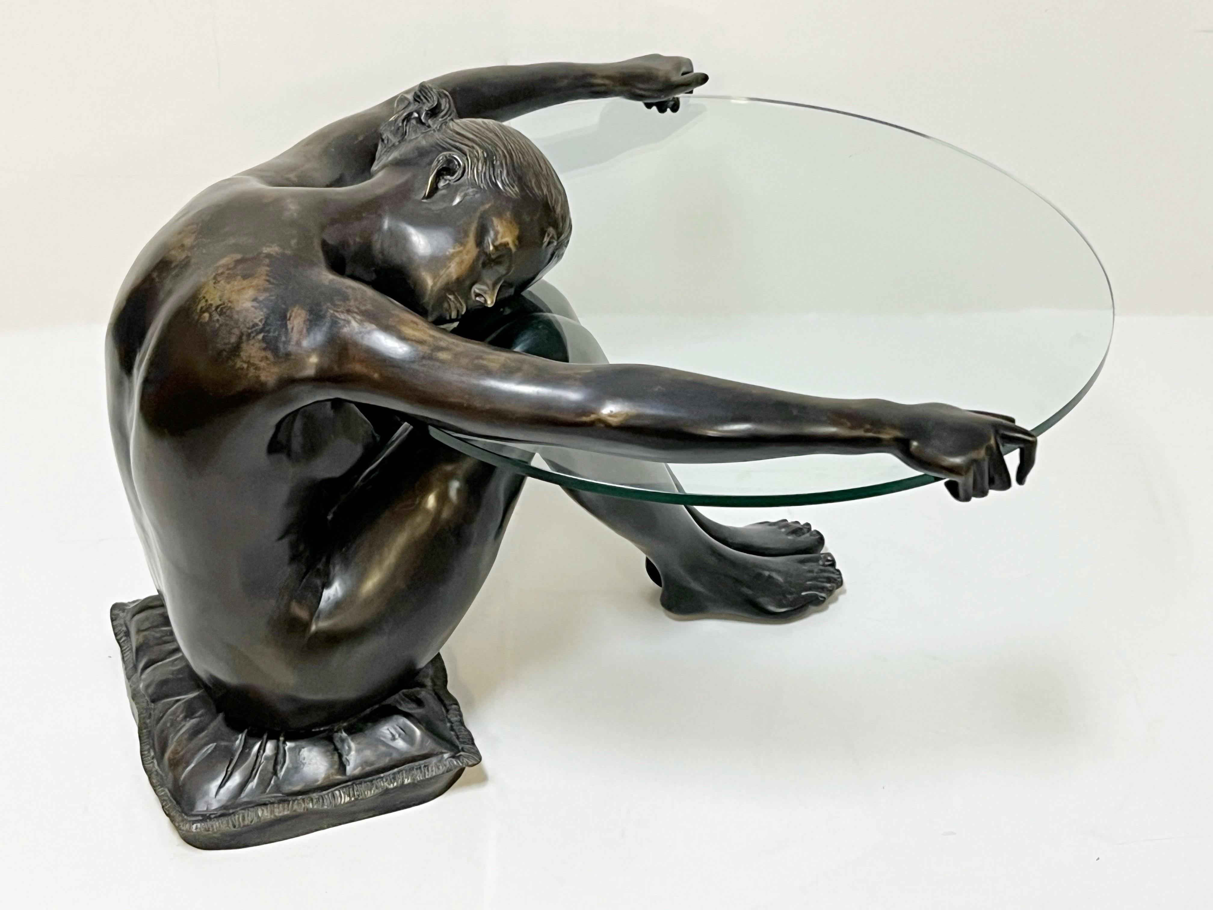 Bronze Coffee Table of Nude Holding a Glass Top 1